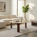 Modern Round Travertine And Wood Coffee Table 37 Brown Tan 36.25