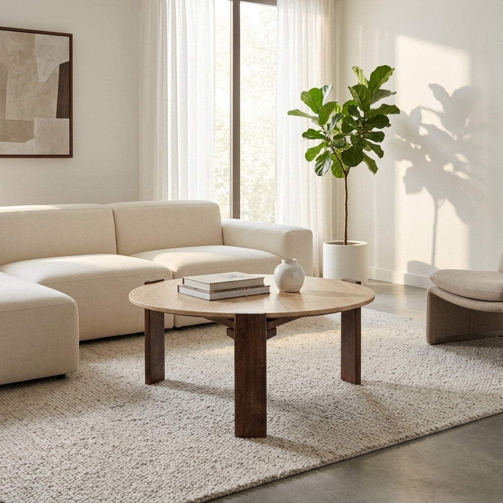 Modern Round Travertine And Wood Coffee Table 37 Brown Tan 36.25