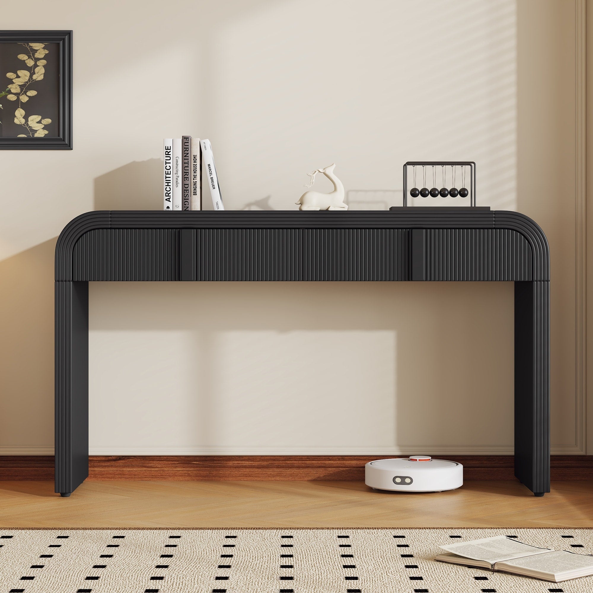 Modern Rounded Silhouette And Smooth Surface Console Table With 2 Drawers Black