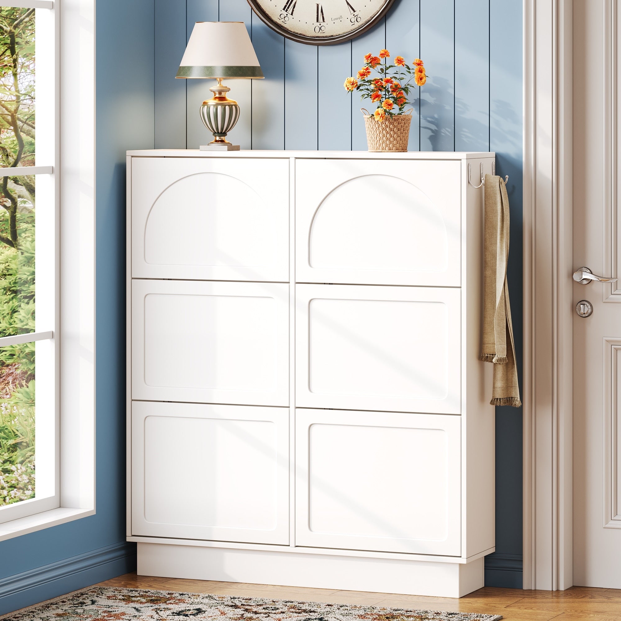 Modern Shoe Cabinet Narrow Entryway Organizer With 6 Flip Drawers White Free Standing Shoe Rack With 3 Hooks