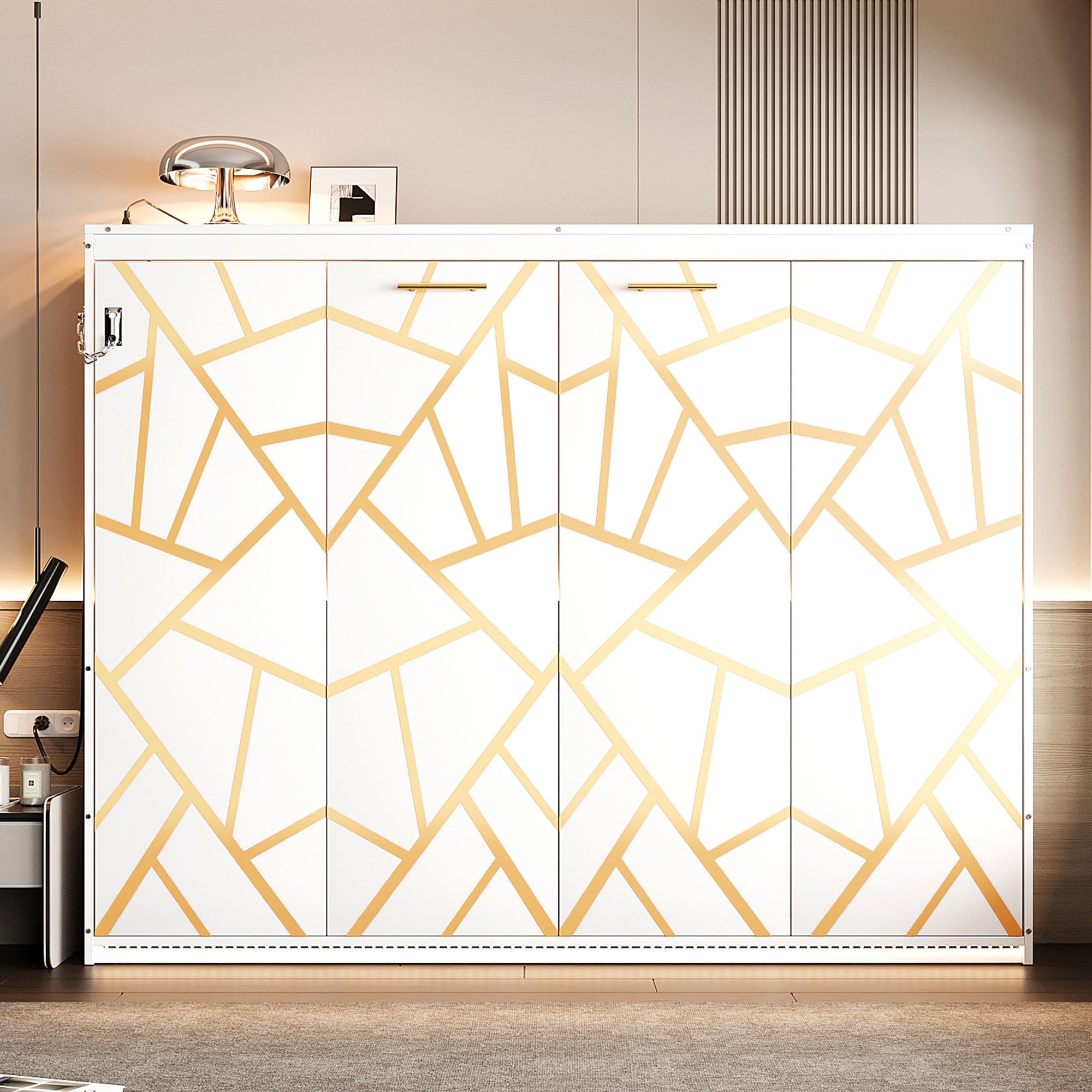 Modern Side Folding Murphy Bed With Decorative Pattern Led Lights Usb Port Space Saving Wall Bed