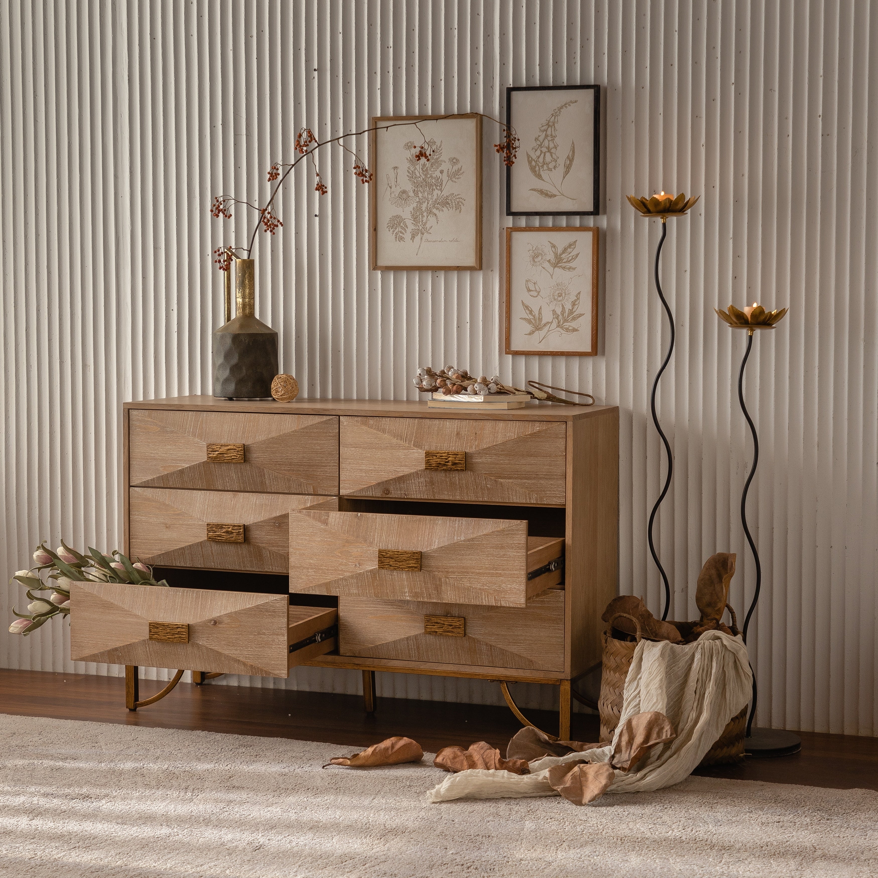 Modern Sideboard Console Table 6 Drawer Dresser For Bedroom Natural Wood Chest Of Drawers With Metal Legs