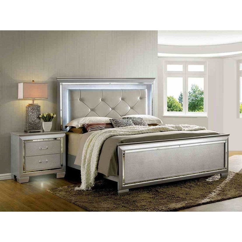 Modern Silver Finish Tufted Bed Two Nightstands Bedroom Set 3Pc