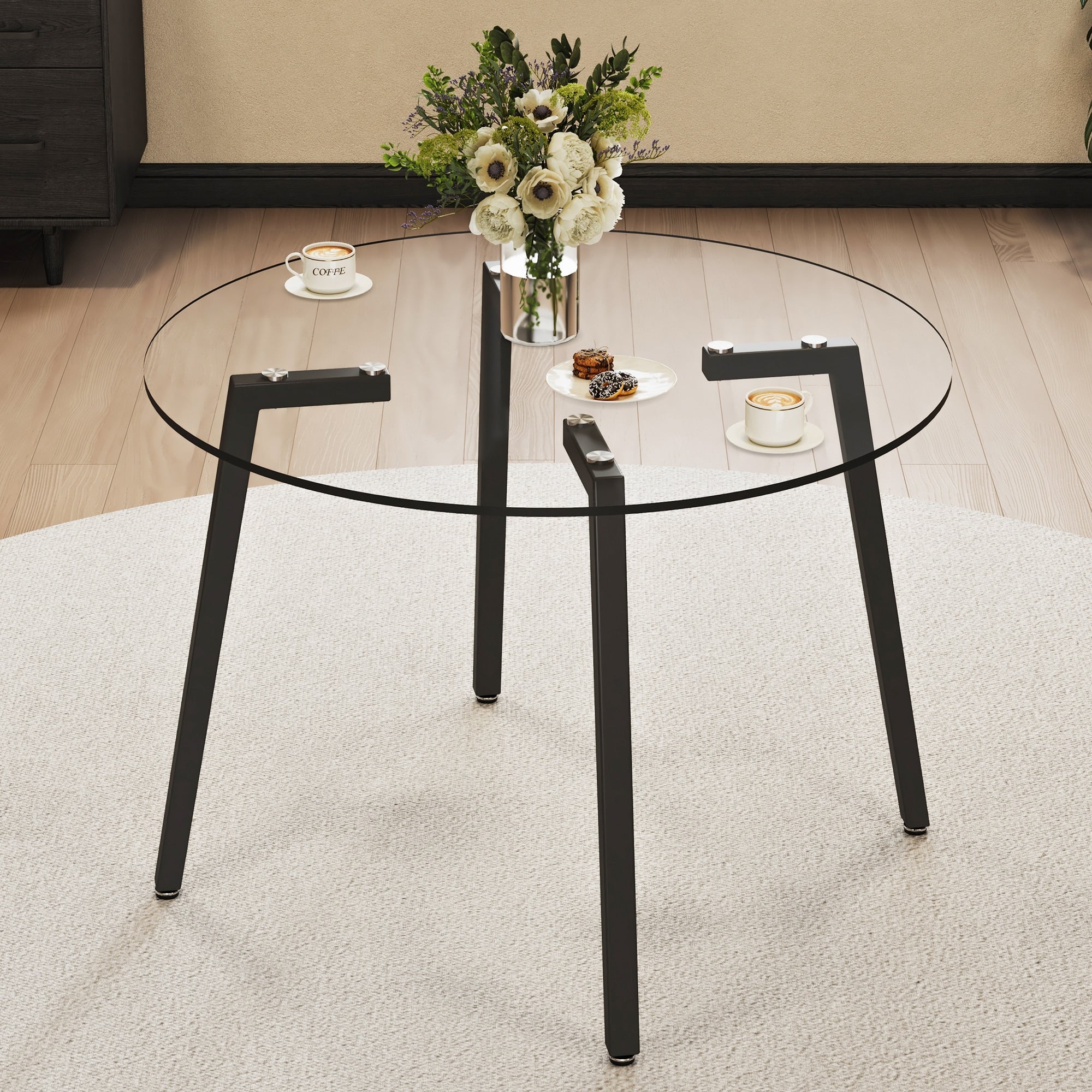 Modern Simple Style Round Transparent Tempered Glass Table Tempered Glass Table Top Black Metal Legs