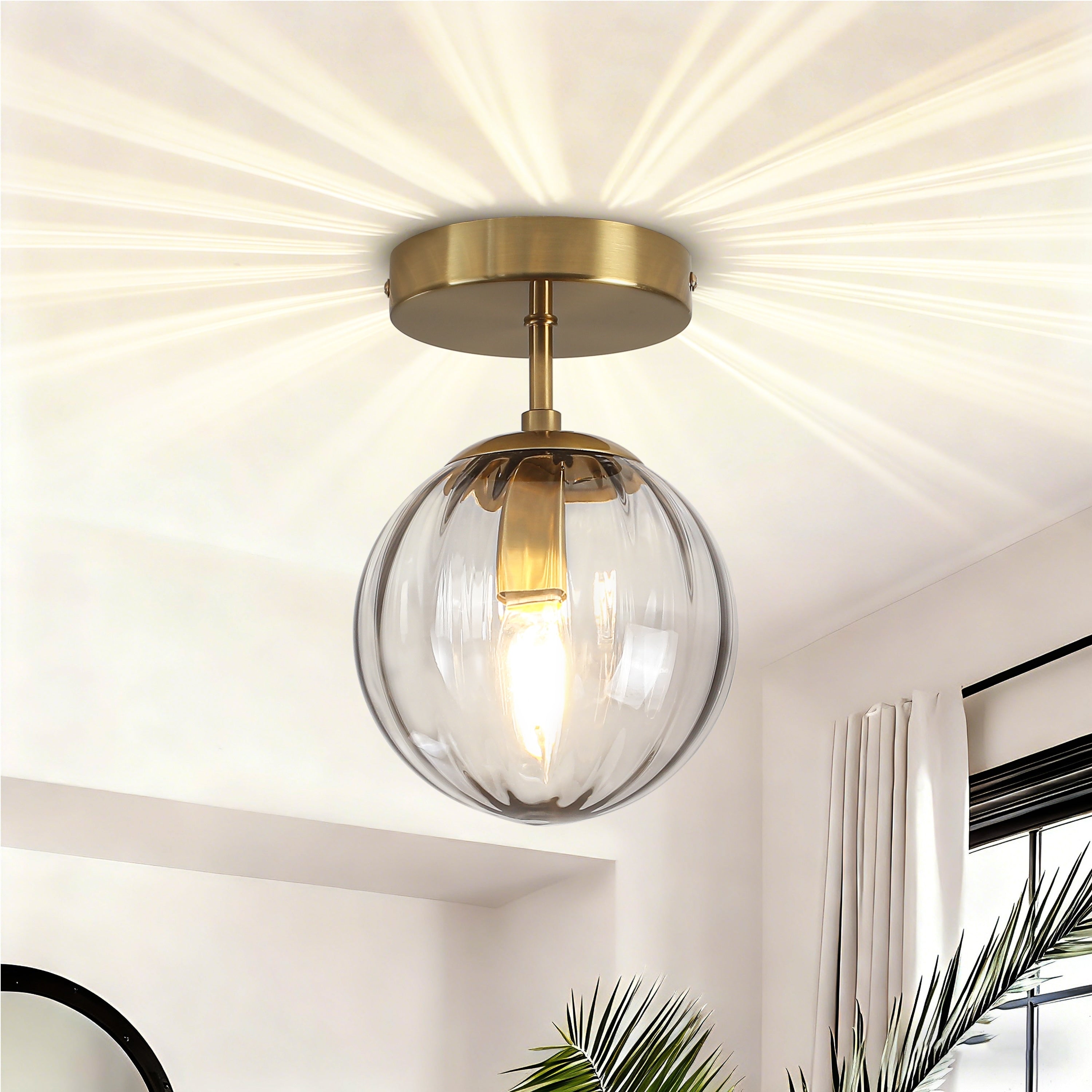 Modern Single Semi Flush Ceiling Light With Metal Base Ribbed Gray Glass Globe Shade
