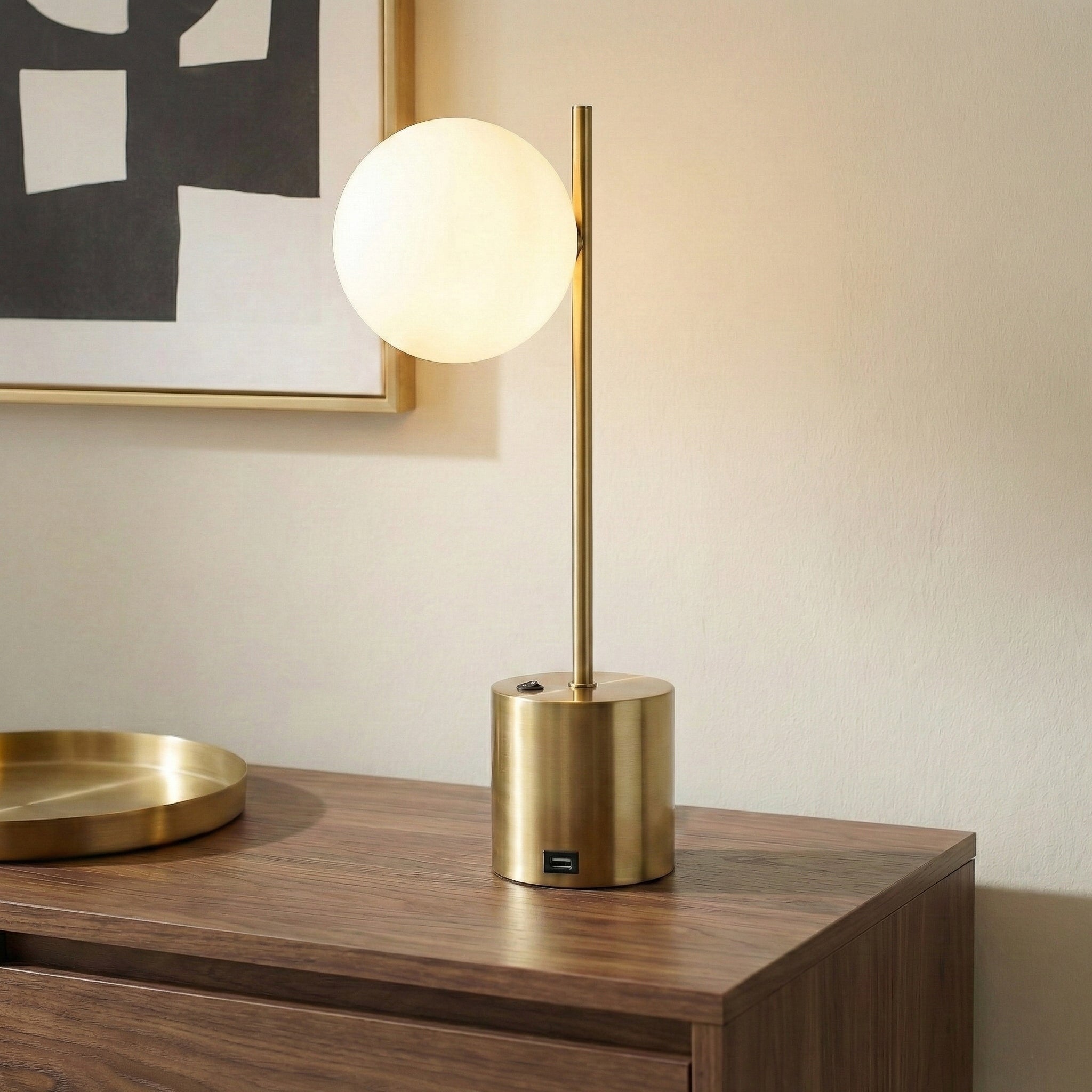 Modern Small Brass Metal Table Lamp With White Glass Globe Shade Elegant Desk Lamp Fixture For Living Room Office Reading