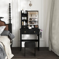 Modern Small Vanity Desk 3 Drawers And Multiple Open Storage Shelves A Hair Dryer Holder And Power Socket