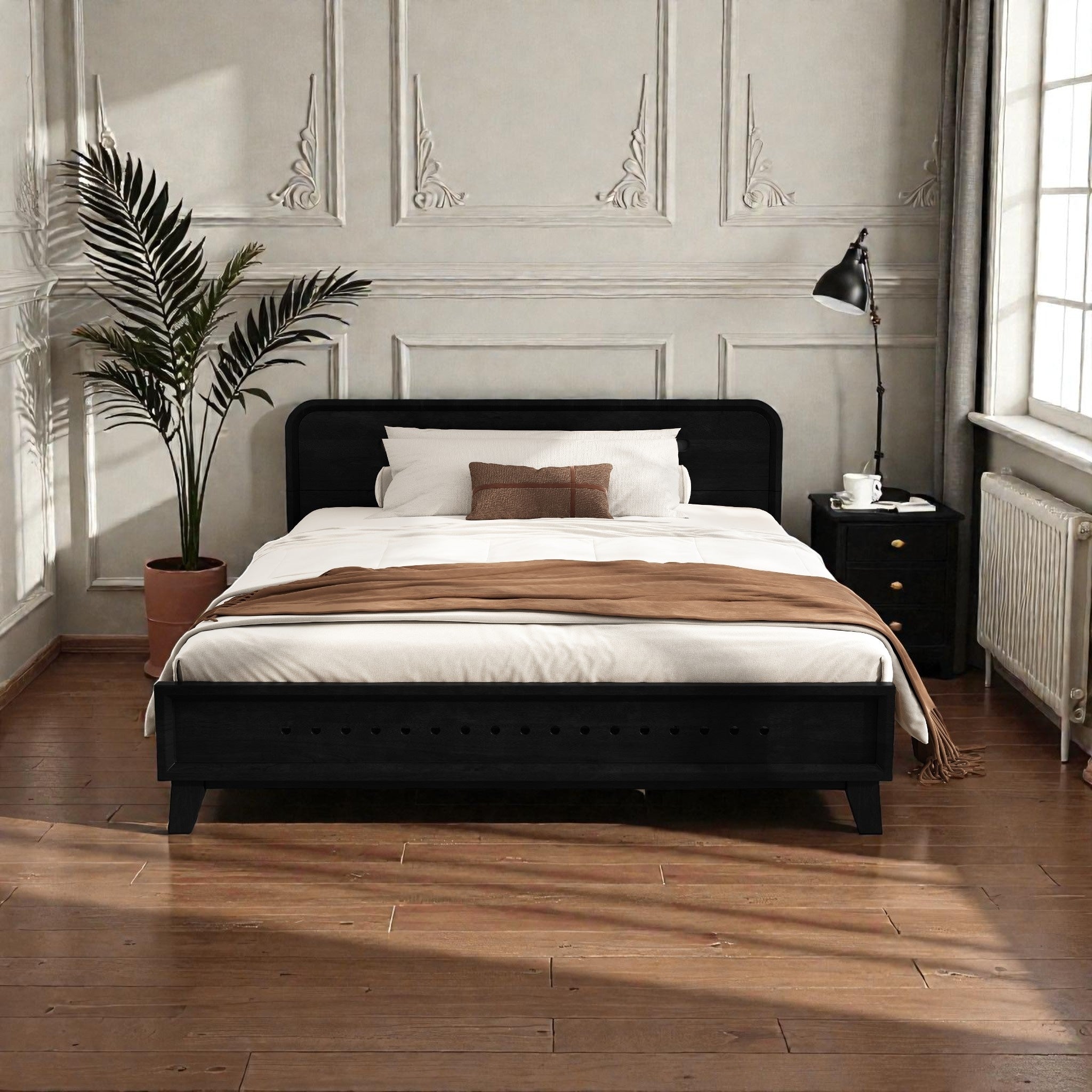 Modern Solid Wood Platform Bed Pine Wood Queen King Bed Frame With Slats Stable No Box Spring