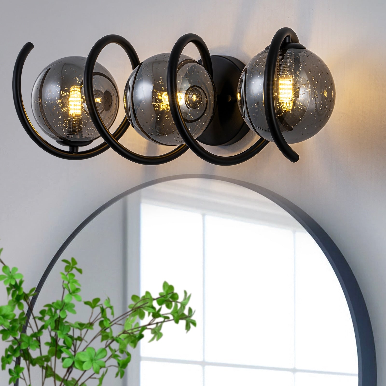 Modern Spiral Globe Vanity Lights With Smoky Gray Seeded Glass Shades