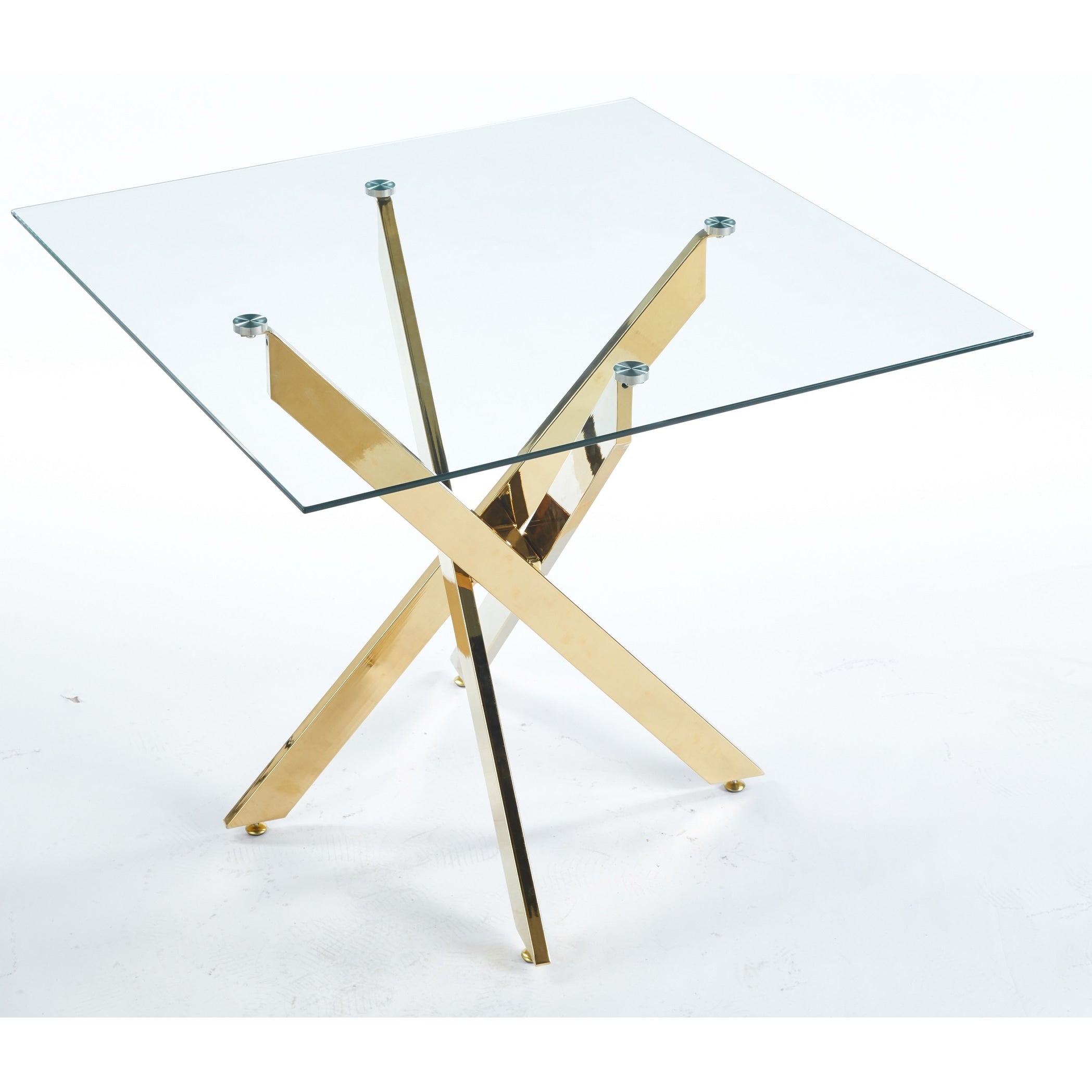Modern Square Dining Table With Tempered Glass Top Cross Metal Legs Space Saving For Kitchen And Living Room