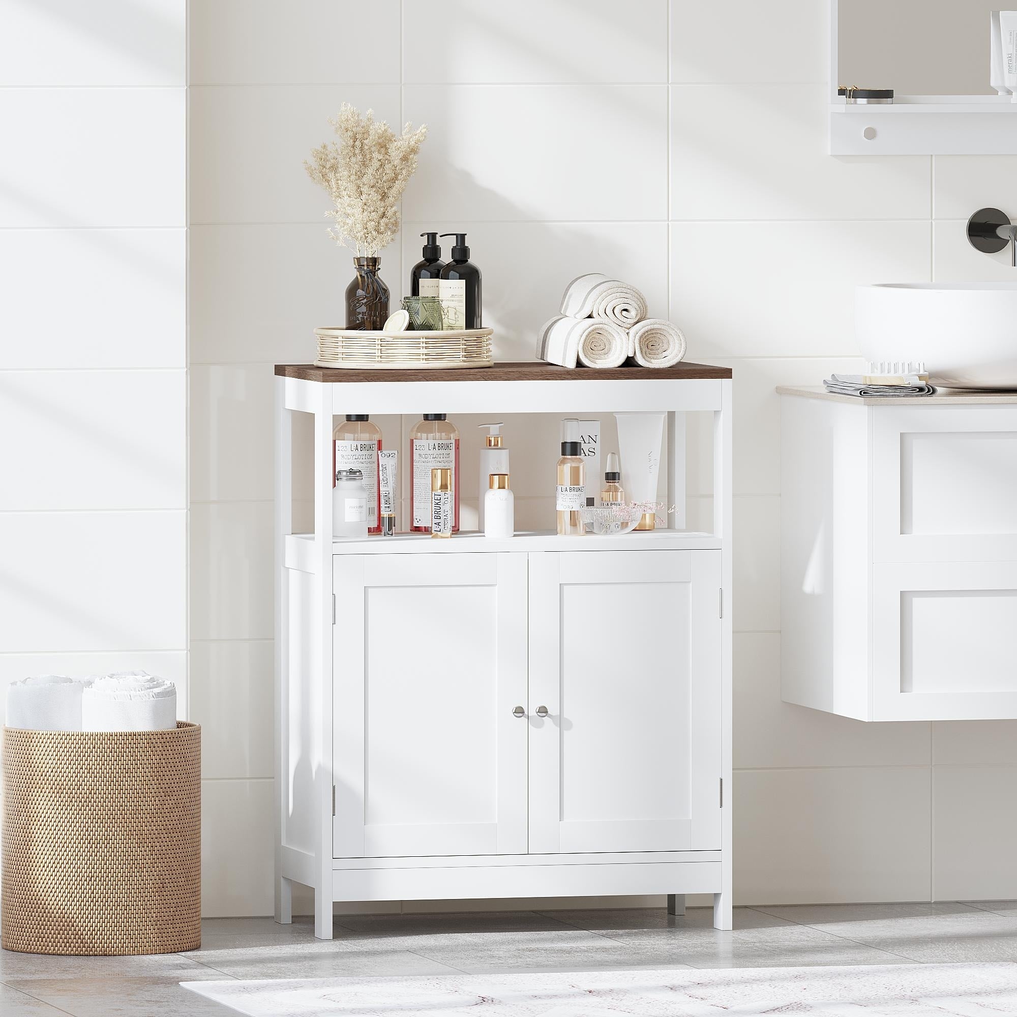 Modern Storage Cabinet With Double Doors Free Standing Bathroom Cabinet With Adjustable Shelf And Natural Wood Top