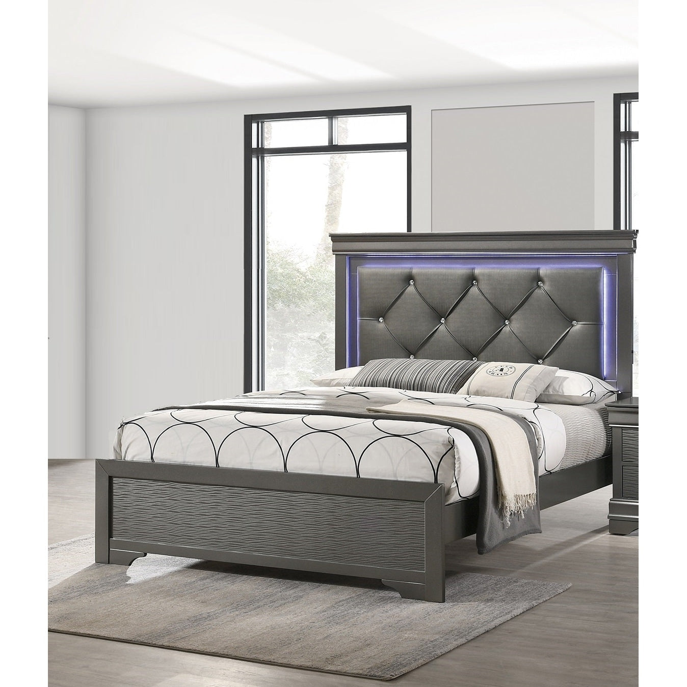 Modern Style 1Pc Bed Set Built In Led Lights Diamond Button Tufted Headboard Gray Finish Bedroom Furniture