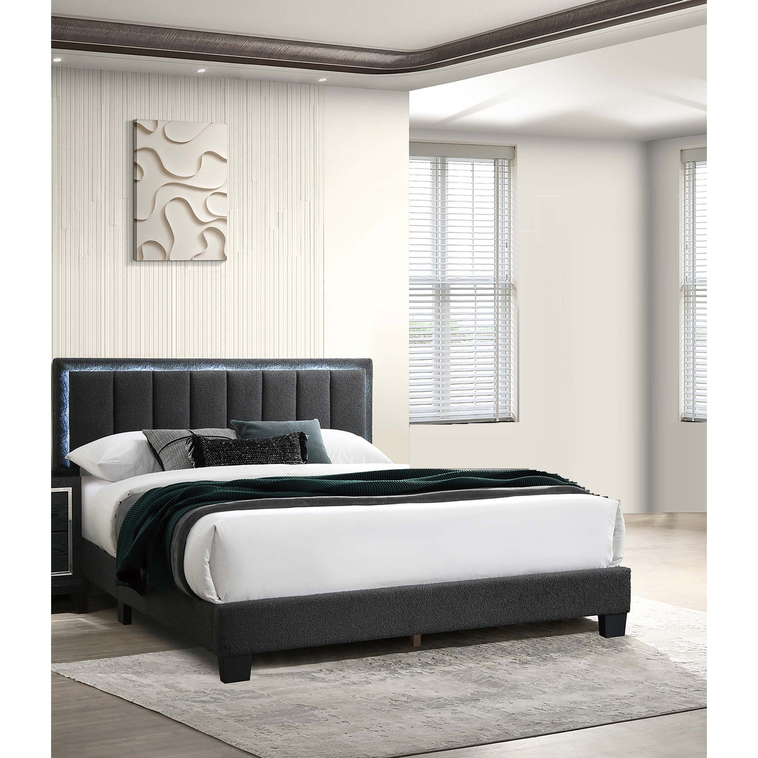 Modern Style 1Pc Bed Set Channel Tufted Built In Led Light Headboard Charcoal Finish Bedroom Furniture