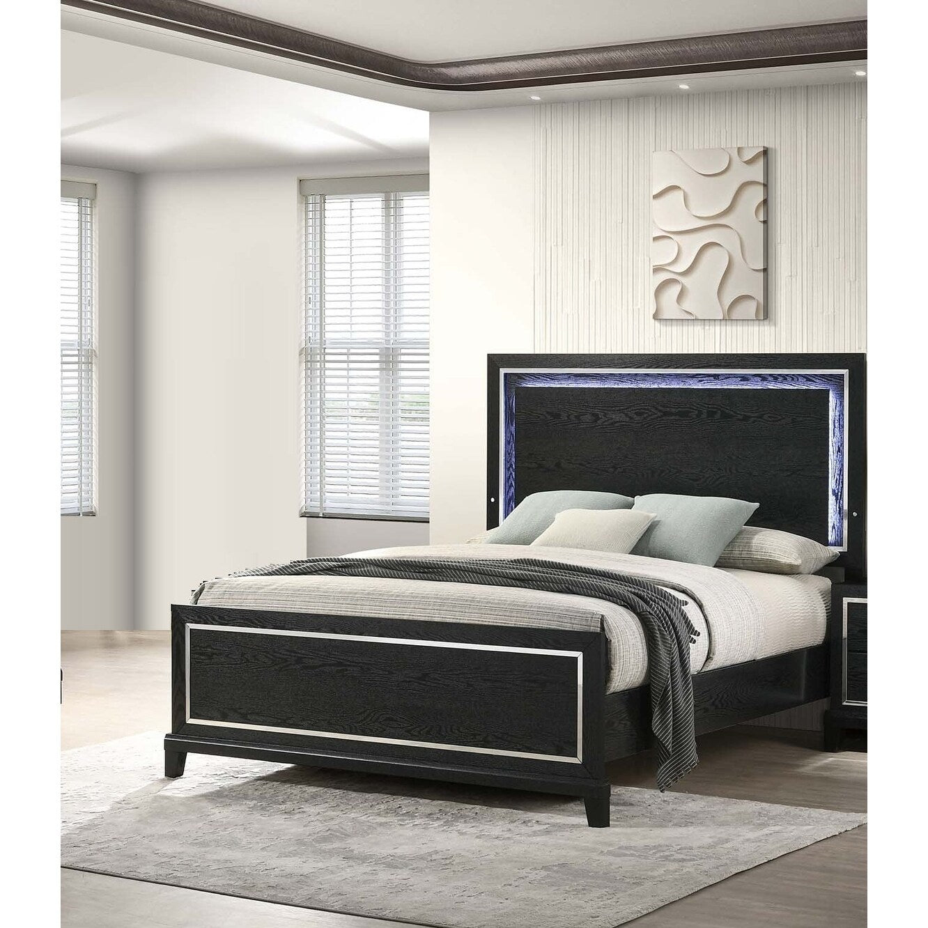 Modern Style 1Pc Bed Set Led Light Headboard Tapered Legs Black Finish Bedroom Furniture
