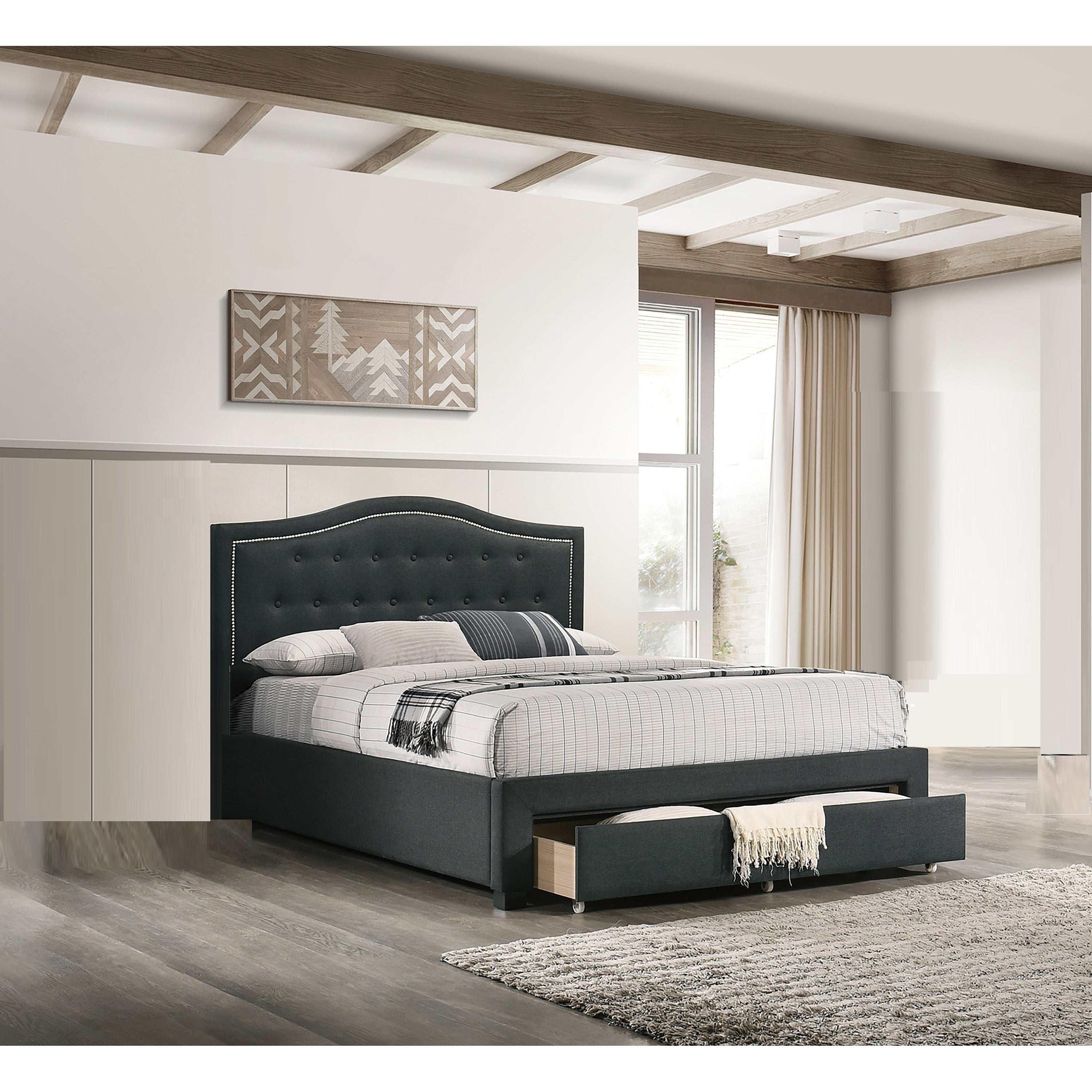 Modern Style 1Pc Bed Set Nialhead Trim Button Tufted Headboard Charcola Abd Black Finish Bedroom Furniture