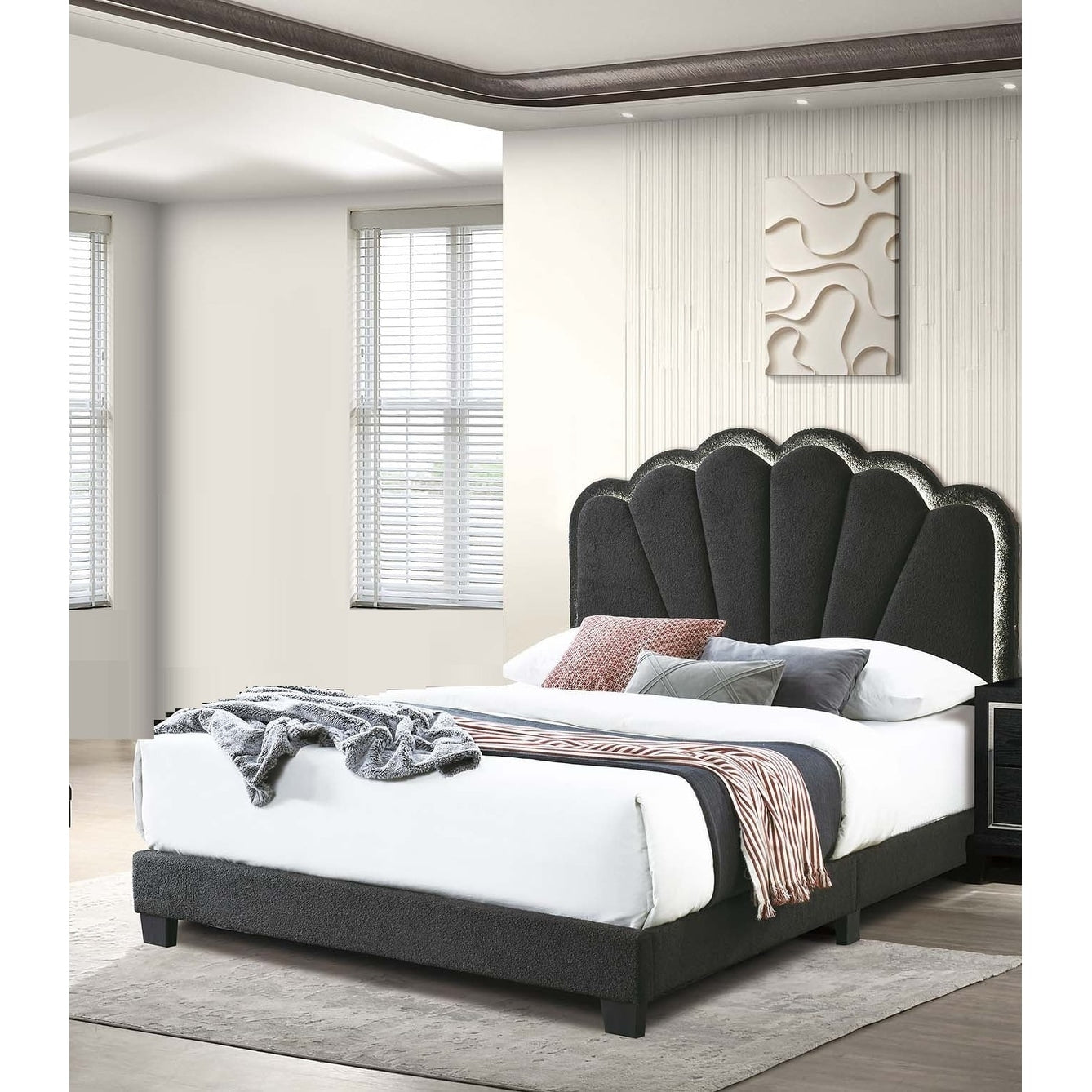 Modern Style 1Pc Bed Set Scalloped Tufting Built In Led Lights Charcoal Finish Bedroom Furniture