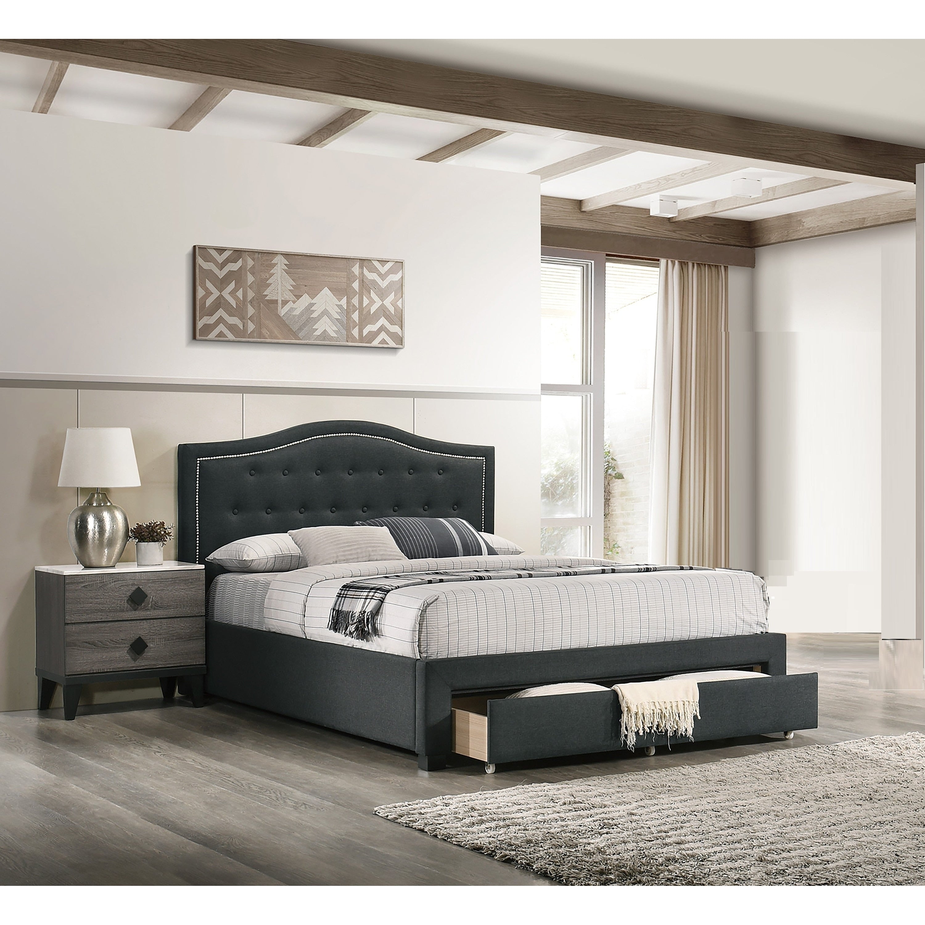 Modern Style 3Pc Bed 2X Nightstand Set Diamond Knobs Nailhead Trim Charcoal And Black Finish Bedroom Furniture