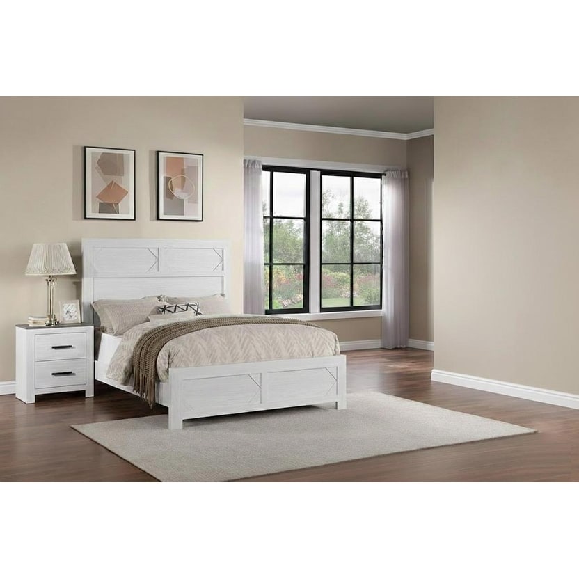 Modern Style 3Pc Bed 2X Nightstand Set Sleek Handles Wooden Bed White Finish Bedroom Furniture