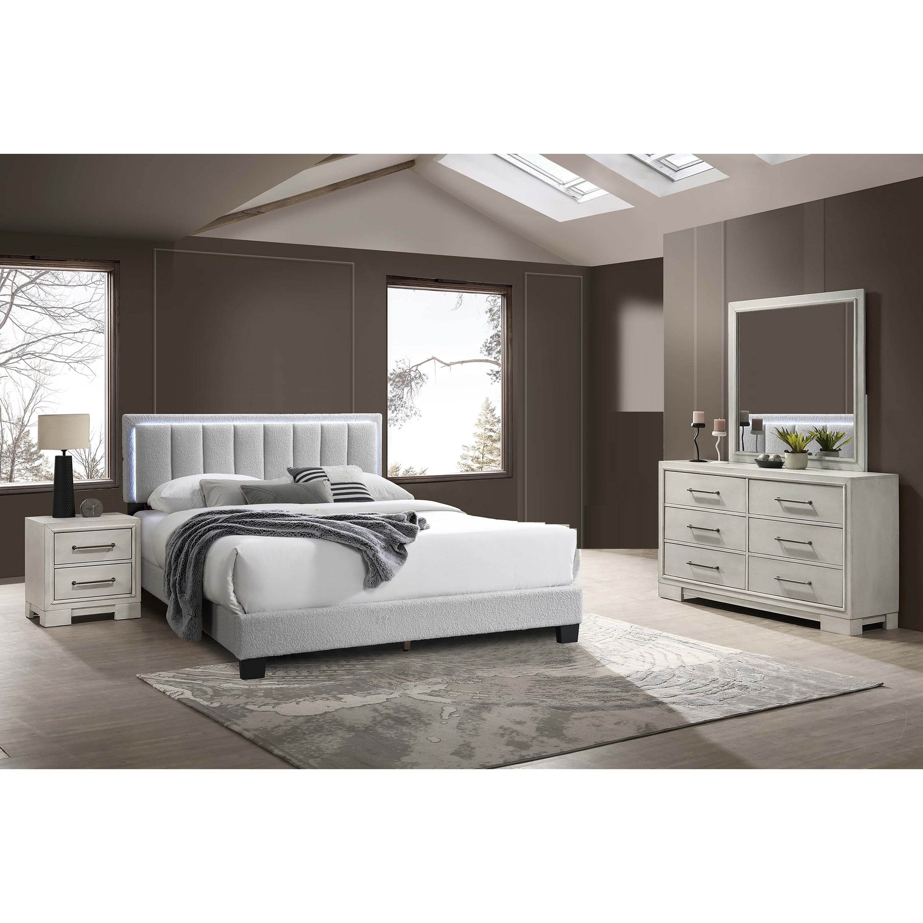 Modern Style 4Pc Bed Dresser Mirror Nightstand Set Squared Legs Silver Handles Light Gray Finish Bedroom Furniture