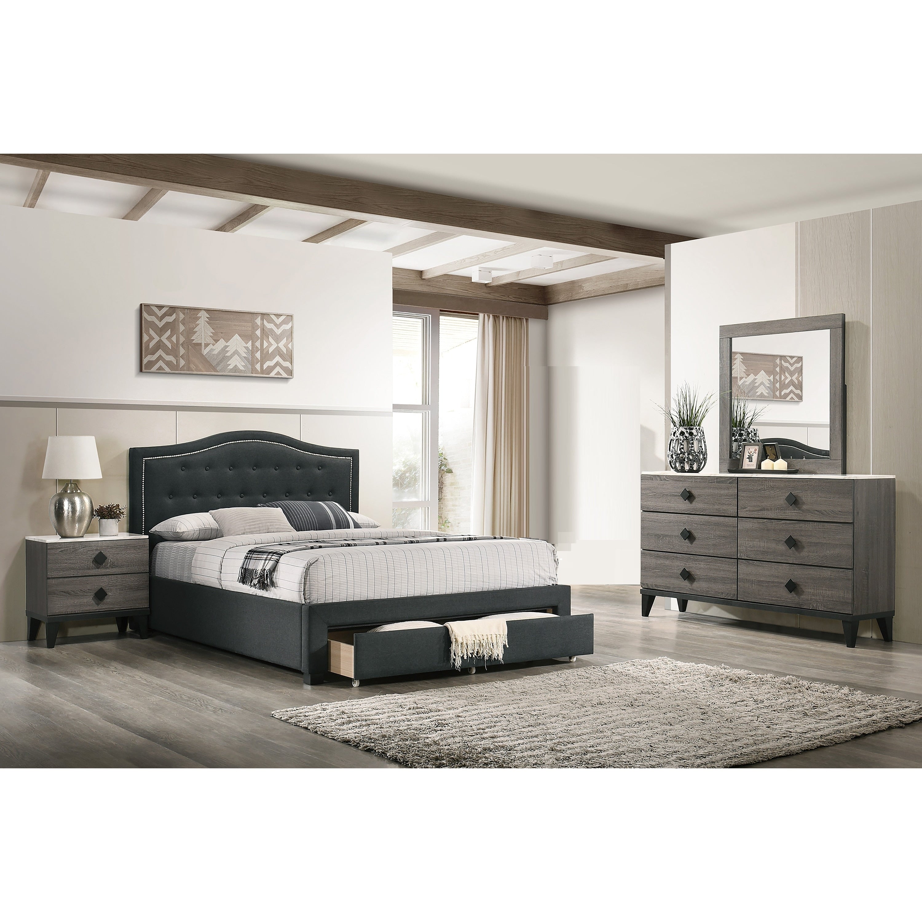 Modern Style 4Pc Bed Set Button Tufted Headboard Tapered Legs Diamond Knobs Charcoal And Black Finish Bedroom Furniture
