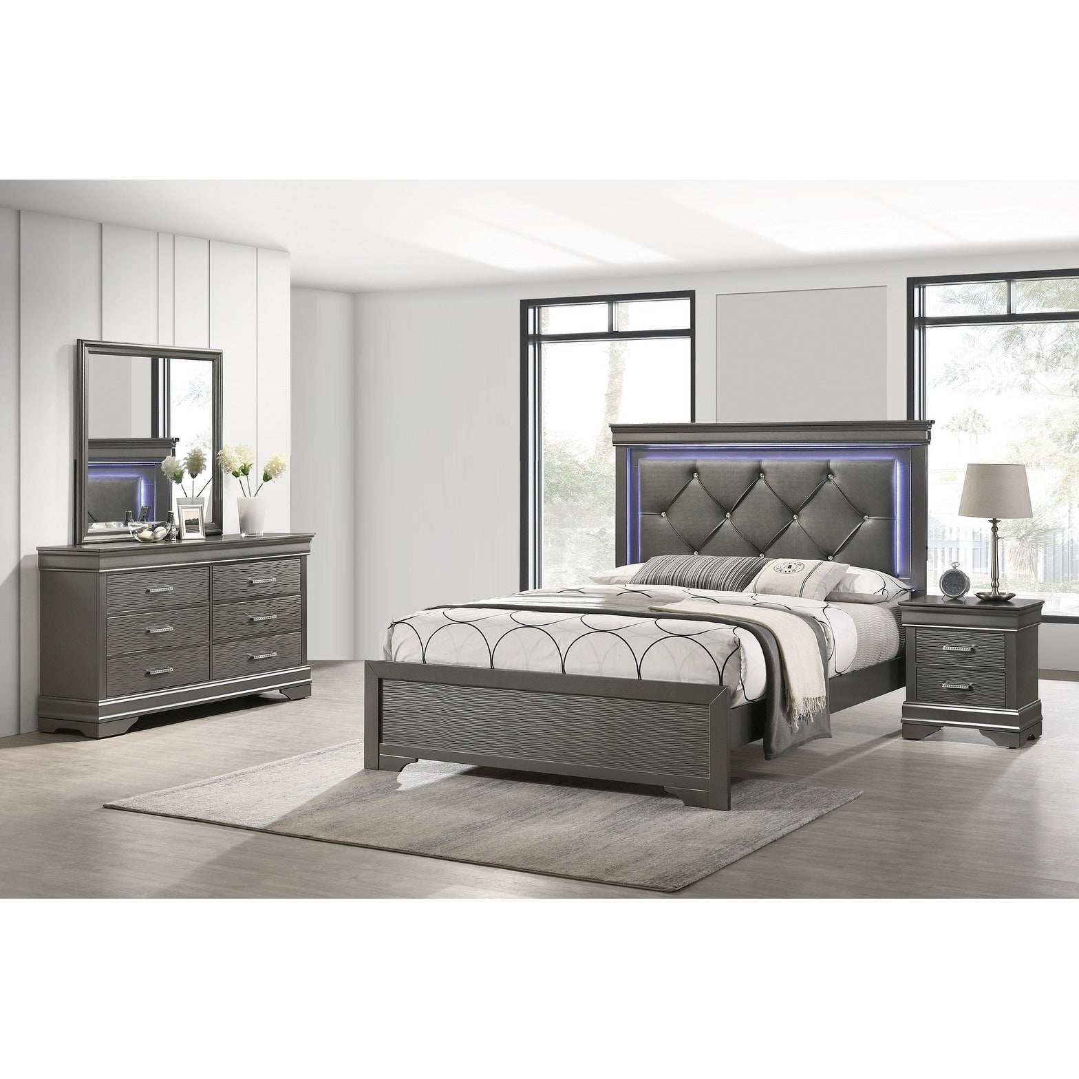 Modern Style 4Pc Bed Set Diamond Button Handles Tufted Headboard Gray Finish Bedroom Furniture