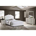 Modern Style 4Pc Bed Set Scalloped Tufting Headboard Tapered Legs Silver Handles White Finish Bedroom Furniture