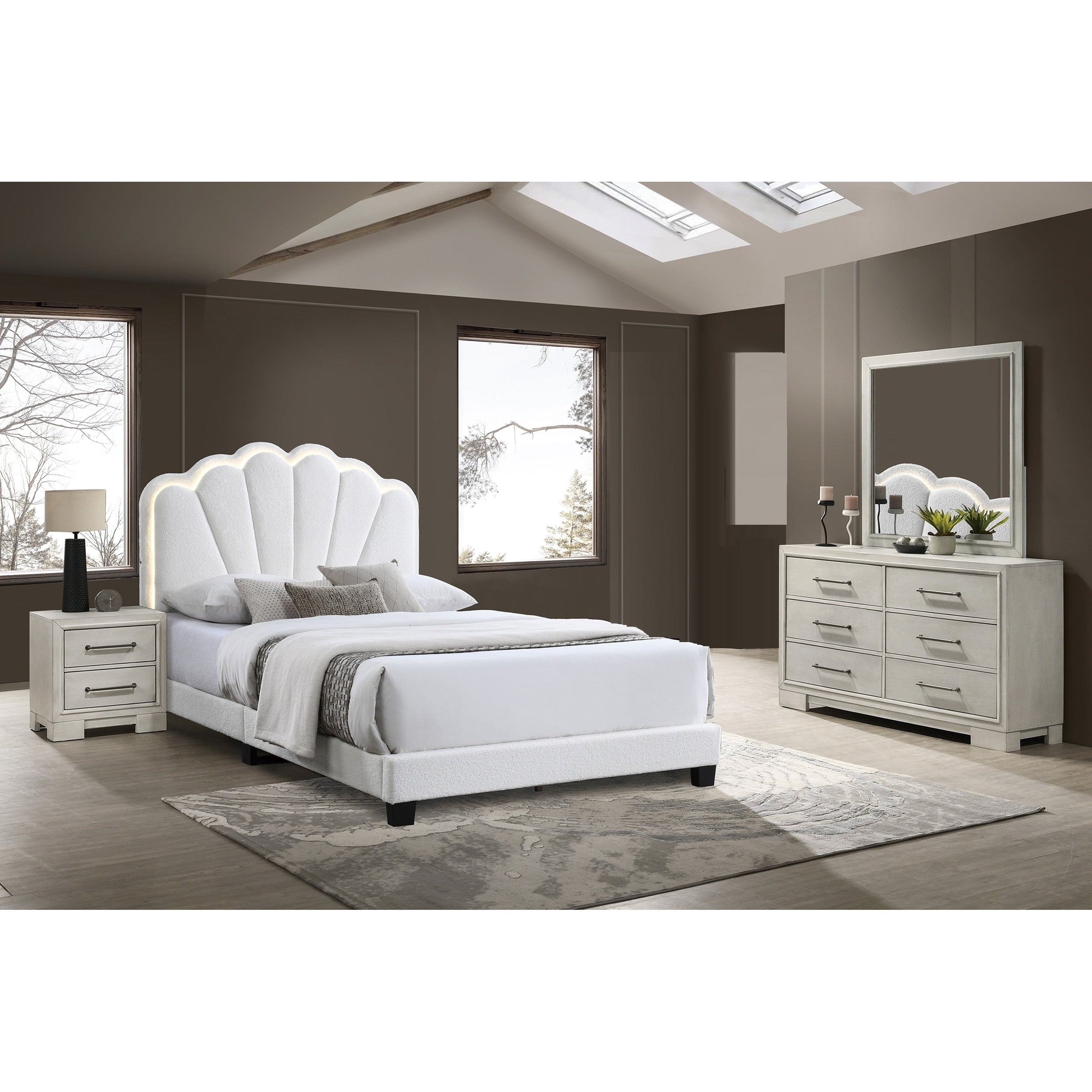 Modern Style 4Pc Bed Set Scalloped Tufting Headboard Tapered Legs Silver Handles White Finish Bedroom Furniture