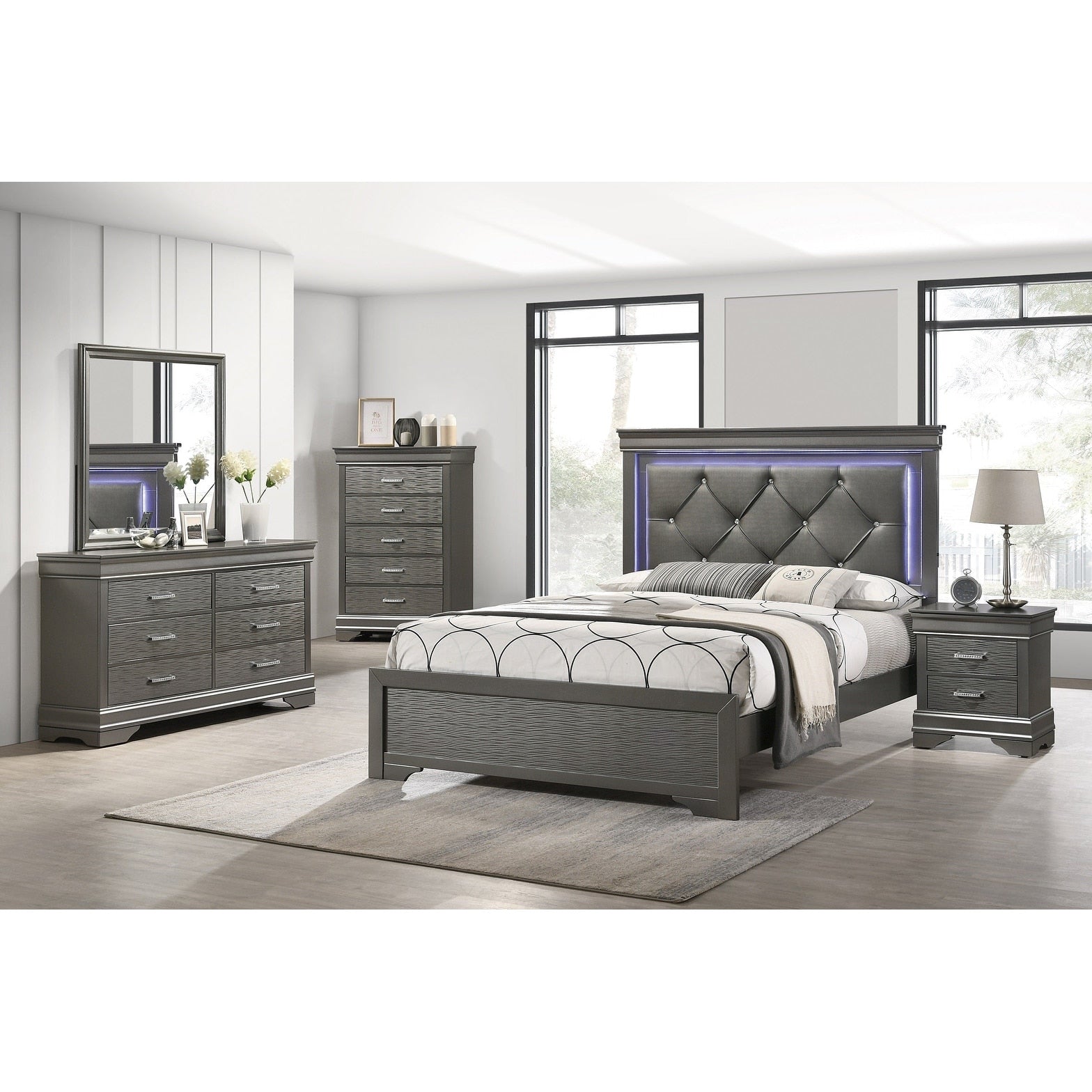 Modern Style Bed Dresser Mirror Nightstand And Chest Set Built In Led Light Headboard Gray Finish Bedroom Furniture