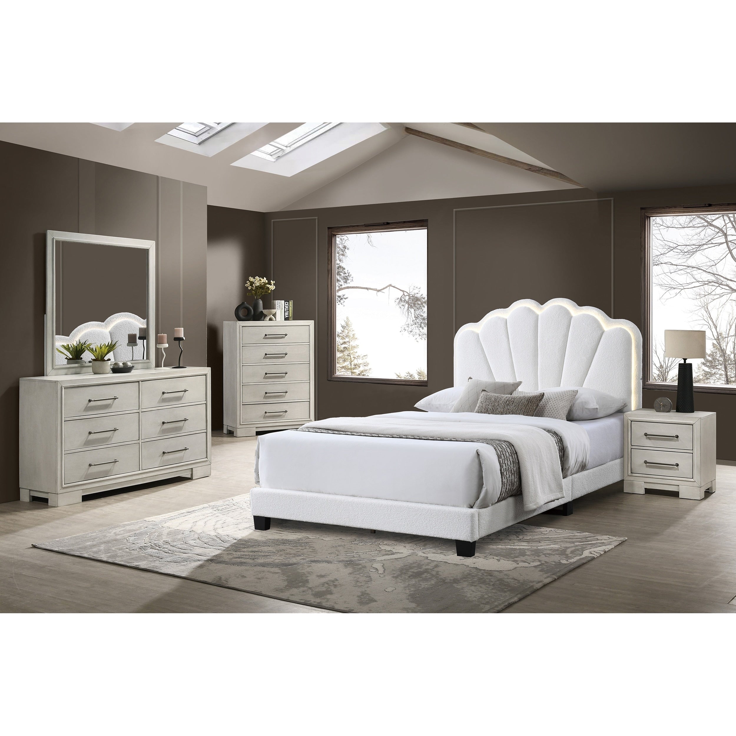 Modern Style Bed Dresser Mirror Nightstand And Chest Set Silver Handles Tapered White Finish Bedroom Furniture