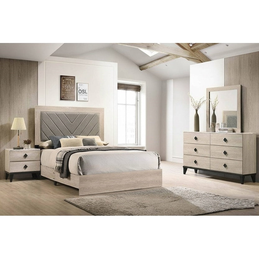 Modern Style Bed Dresser Mirror Nightstand Set 4Pc Tapered Legs Diamond Knobs Handles Cream Finish Bedroom Furniture