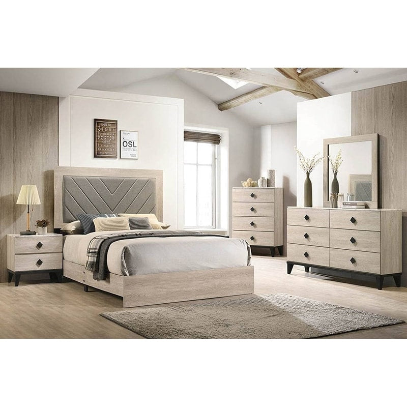 Modern Style Bed Nightstand Dresser Mirror And Chest Set Tapered Legs Faux Marble Top Cream Finish Bedroom Furniture