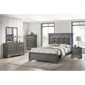 Modern Style Bed Set Built In Led Lights Square Button Tufted Diamond Button Handles Gray Finish Bedroom Furinture