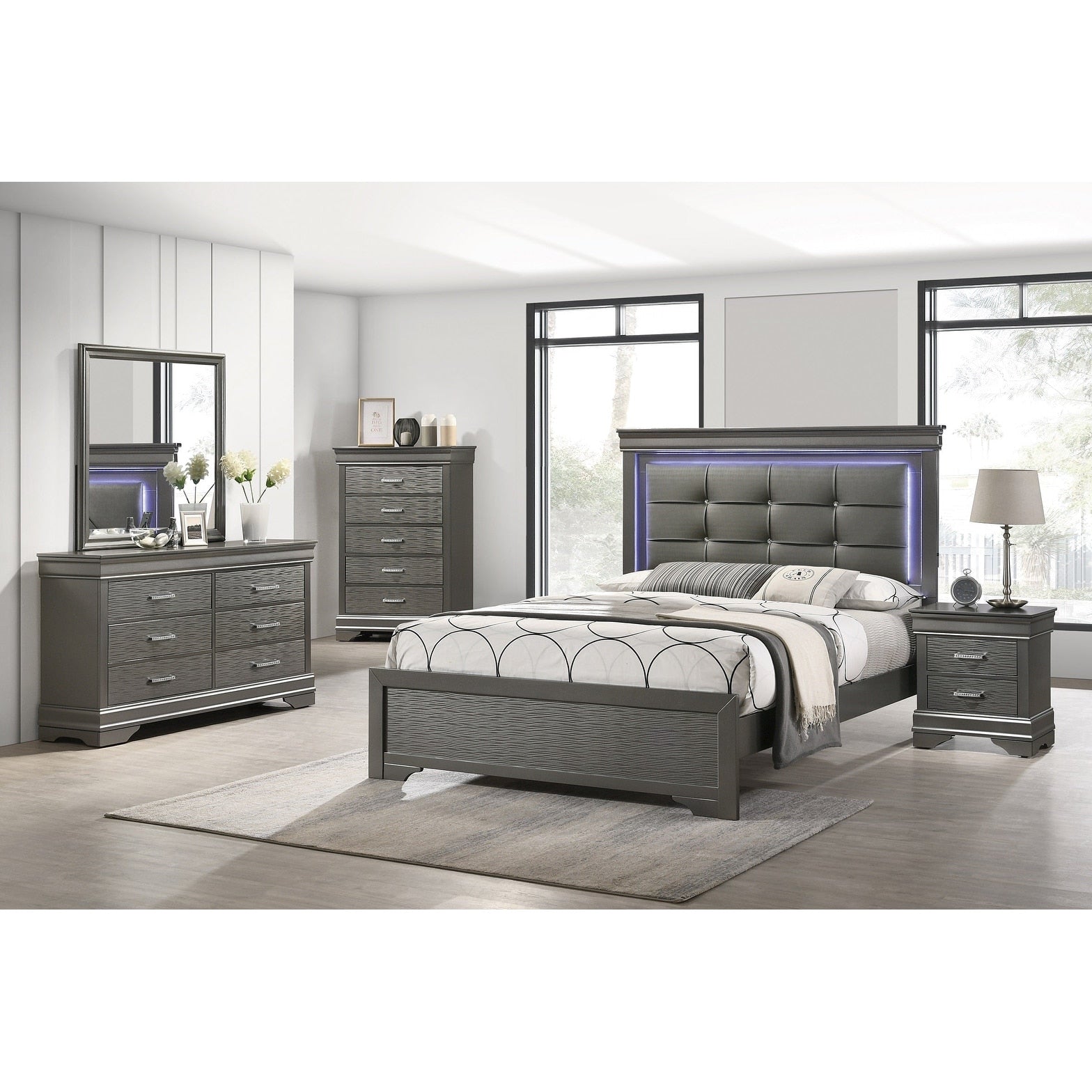 Modern Style Bed Set Built In Led Lights Square Button Tufted Diamond Button Handles Gray Finish Bedroom Furinture