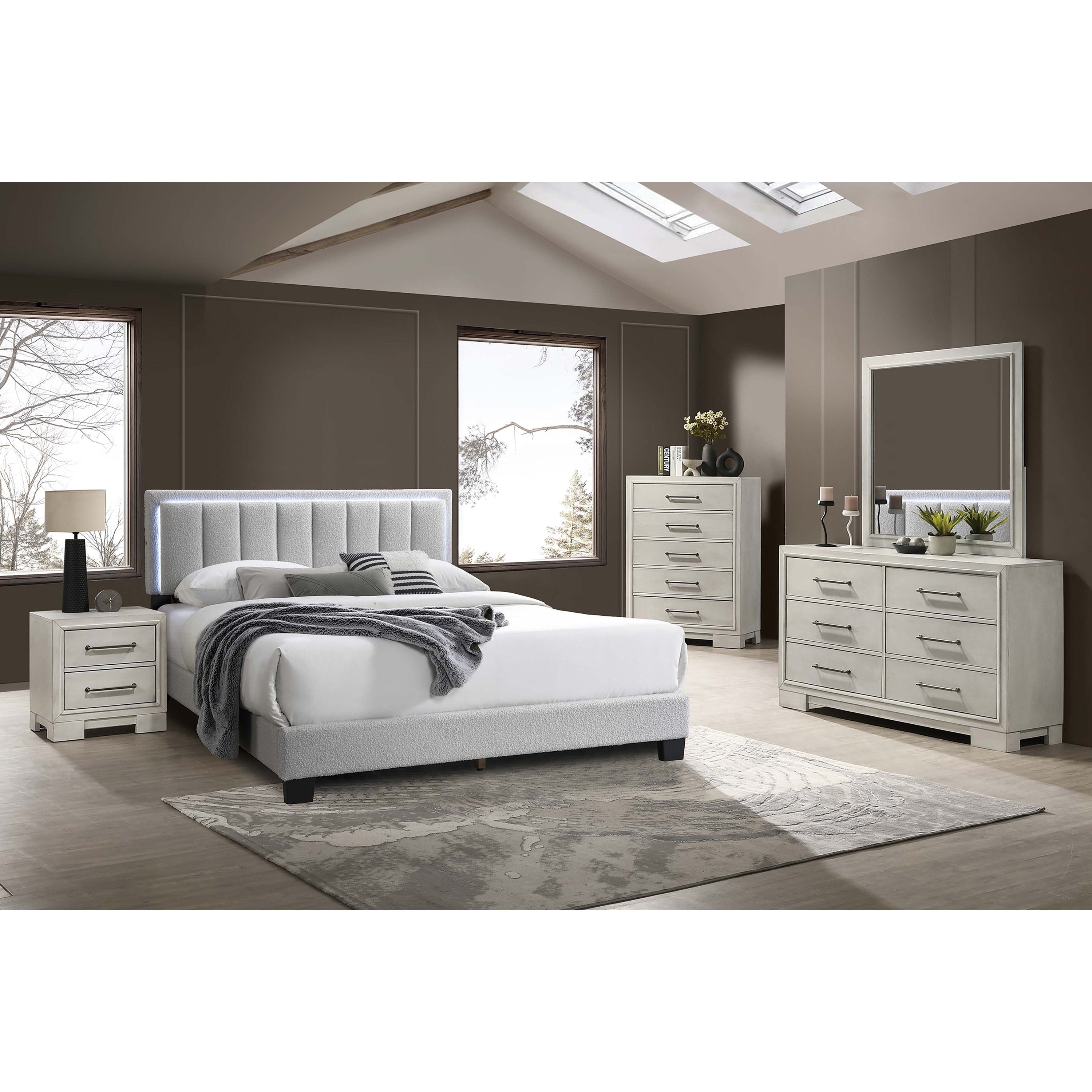 Modern Style Bed Set Channel Tufted Silver Handles Squared Legs Light Gray Finish Bedroom Furniture