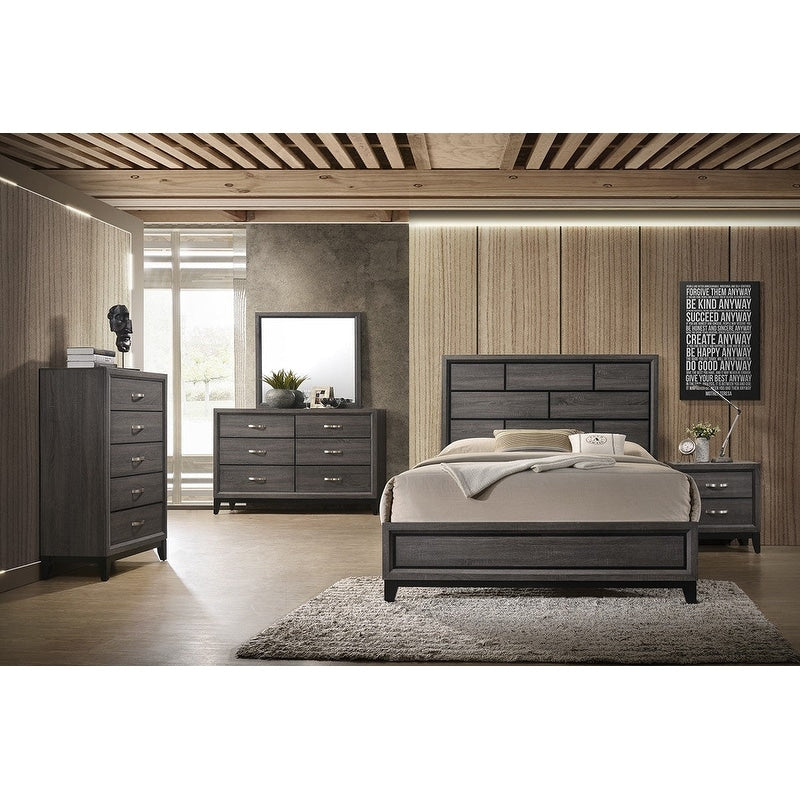 Modern Style Bed Set Metal Handles Tapered Legs Wooden Headboard Design Gray Finish Bedroom Furniture