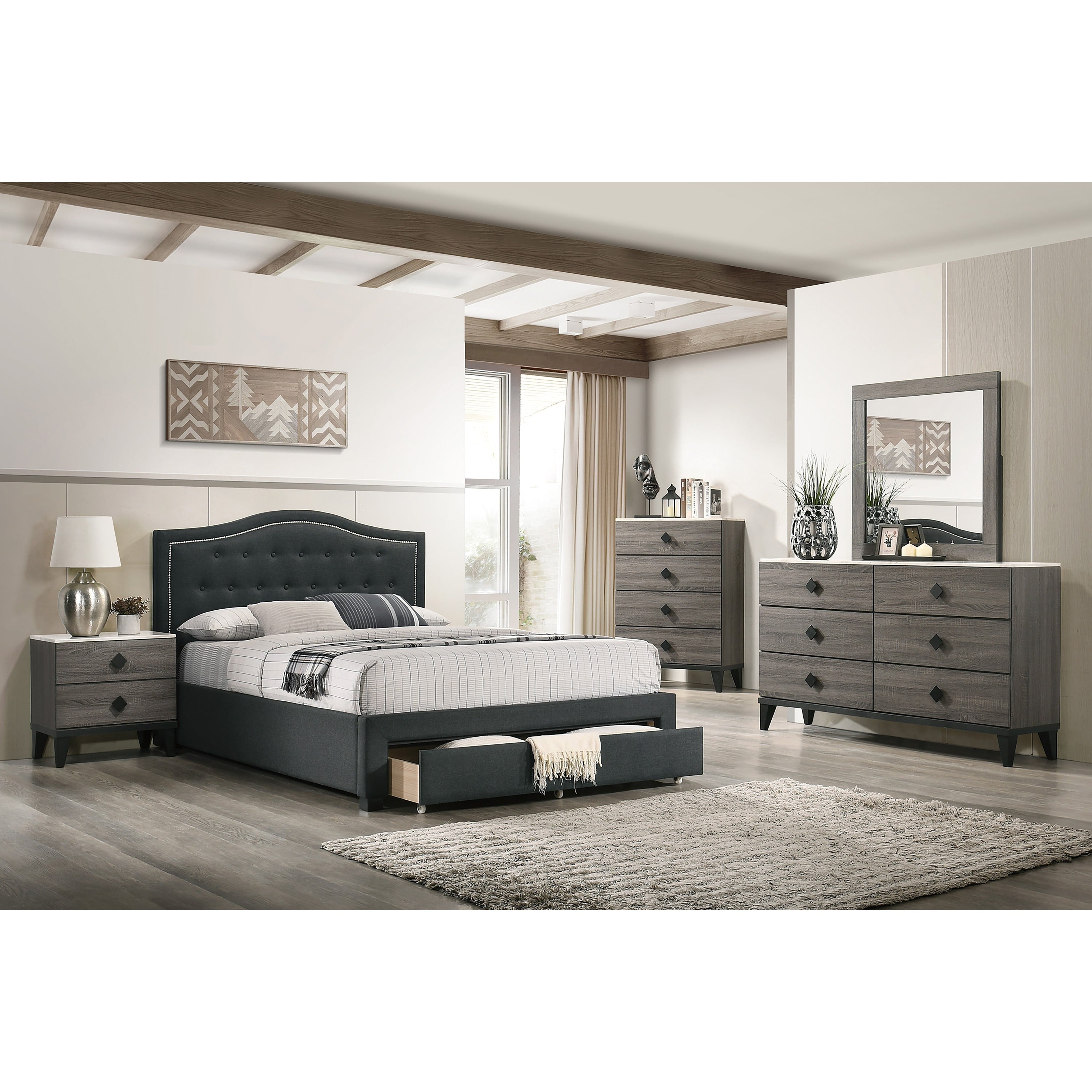 Modern Style Bed Set Nailhead Trim Buttom Tufted Headboard Upholstered Bed Charcoal And Black Finish Bedroom Furniture