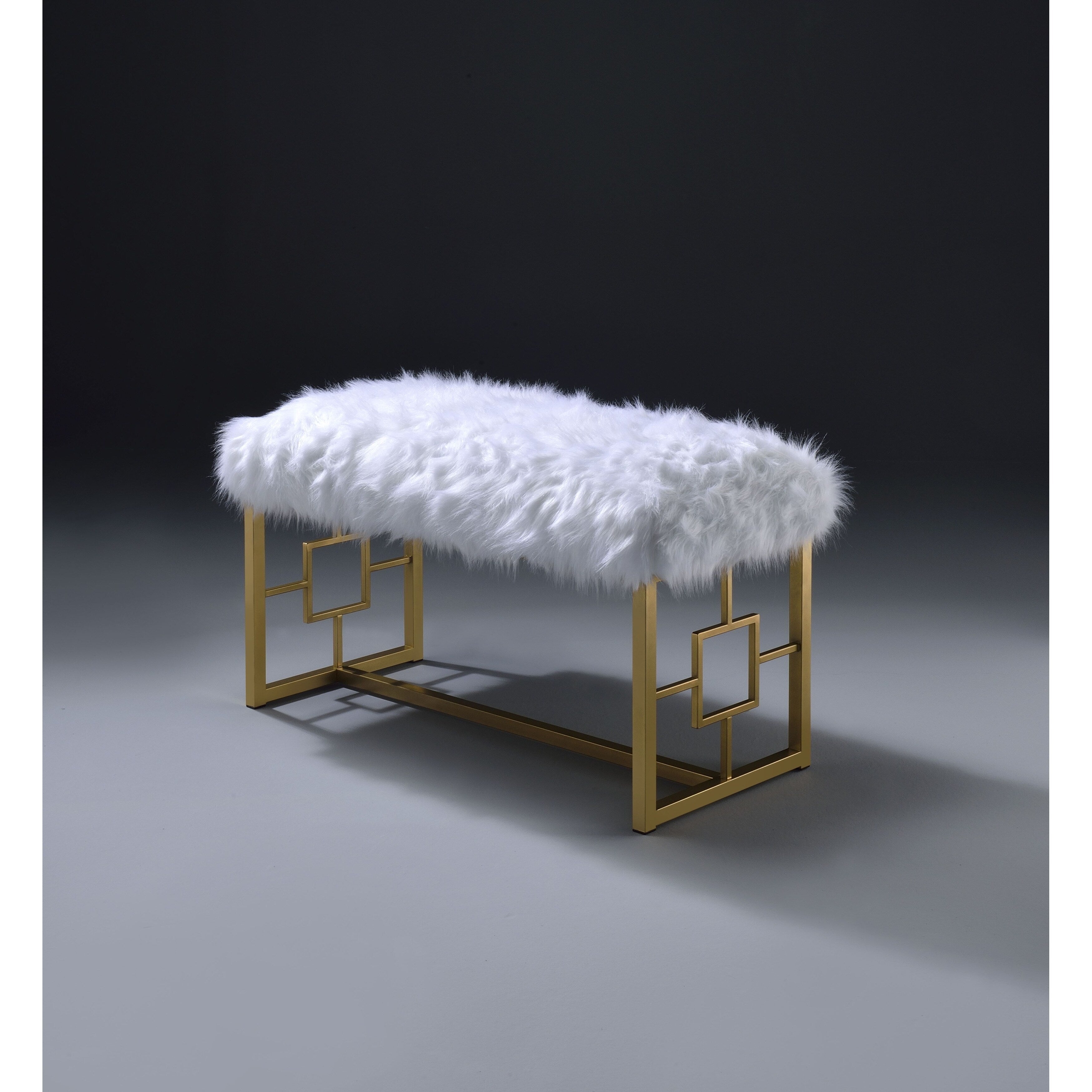 Modern Style Faux Fur Upholstered Bench With Geometrical Side Panels White And Gold