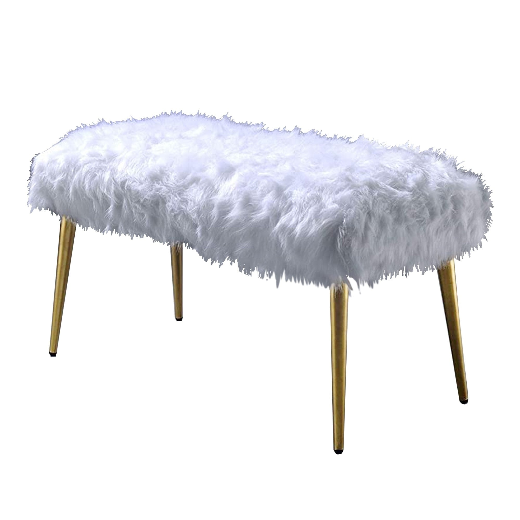 Modern Style Faux Fur Upholstered Metal Bench With Tapered Legs White And Gold