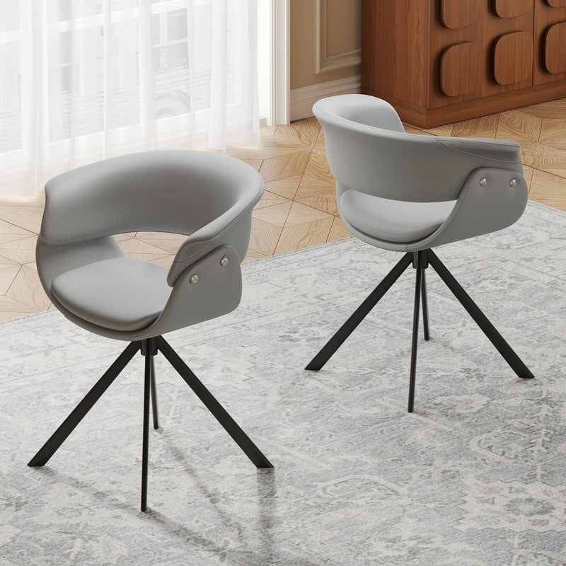 Modern Swivel Arm Dining Chair In Gray Faux Leather With Black Stainless Steel Legs For Dining Study