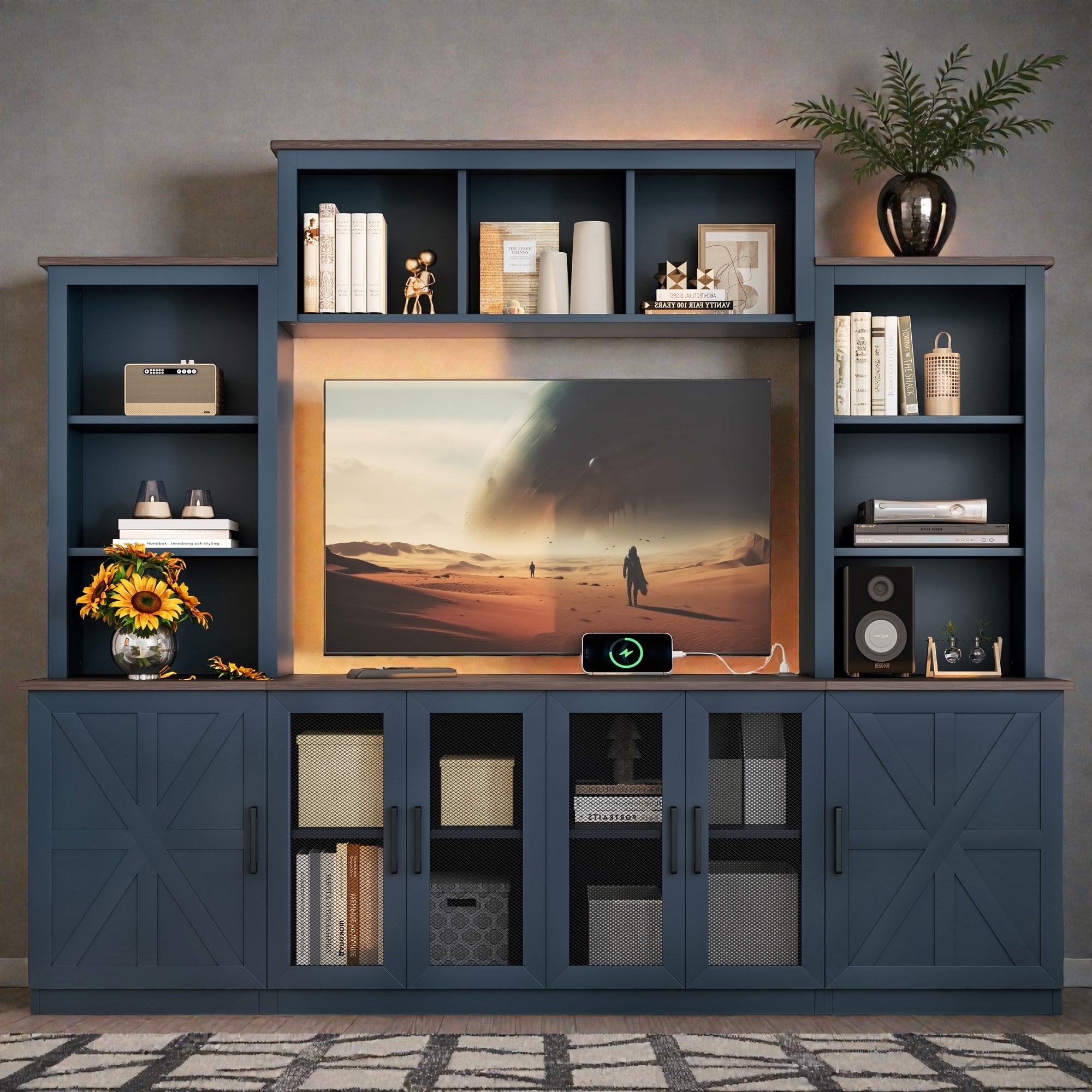Modern Tv Stand Entertainment Center With Usb Charging Station Storage Cabinets And Shelves Media Console For 55 Inch Tv