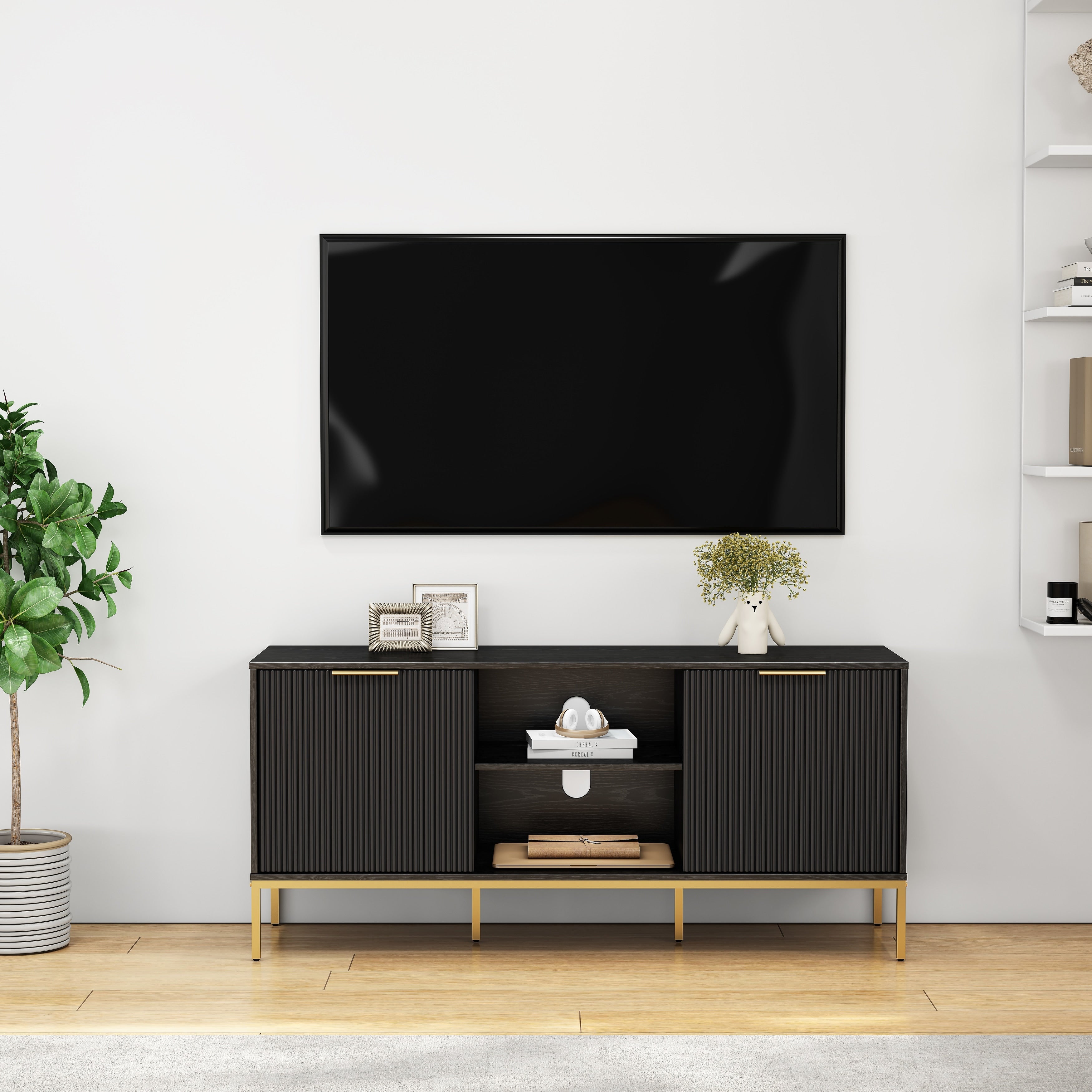 Modern Tv Stand With Wave Design Doors Golden Legs And Handles Soft Close Hinges Open Shelf Adjustable Shelf