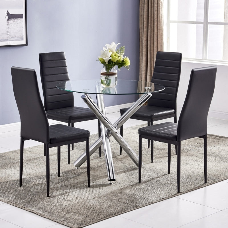 5Pcs Modern Home Furniture Dining Set With Round Glass Table And 4 Chairs