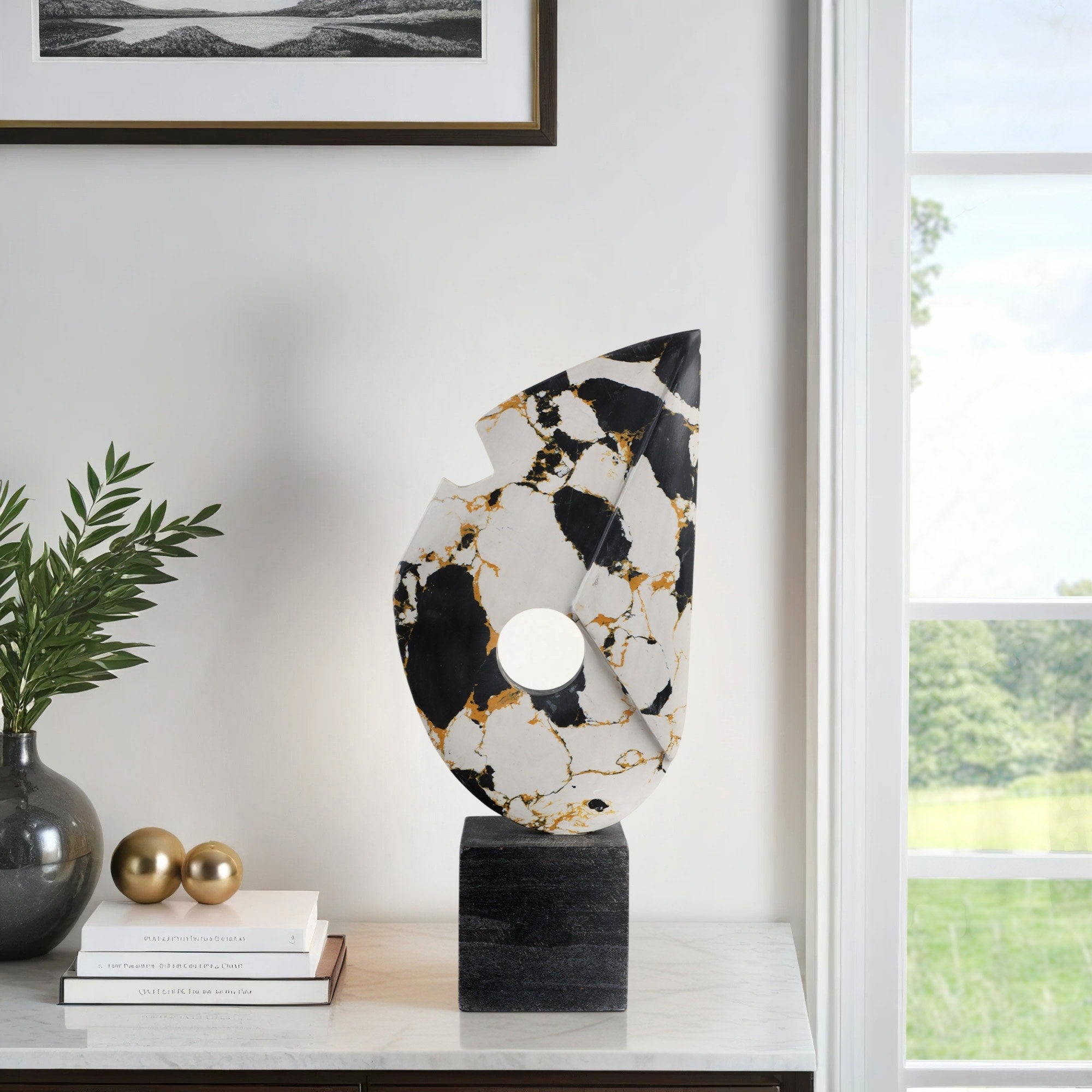 Modern Terrazzo Marble Sculpture With Base Black White