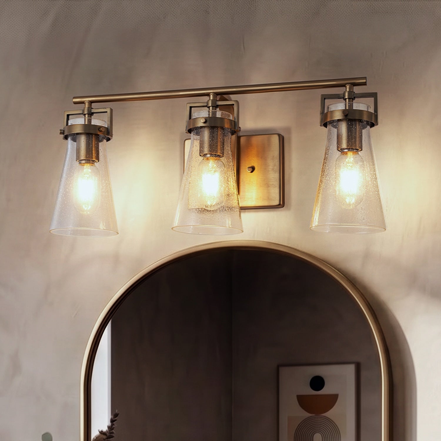 Modern Transitional 3 Light Vanity Wall Sconce In Brushed Brass With Clear Bubble Glass Shades For Mirror Bathroom Or Hallway