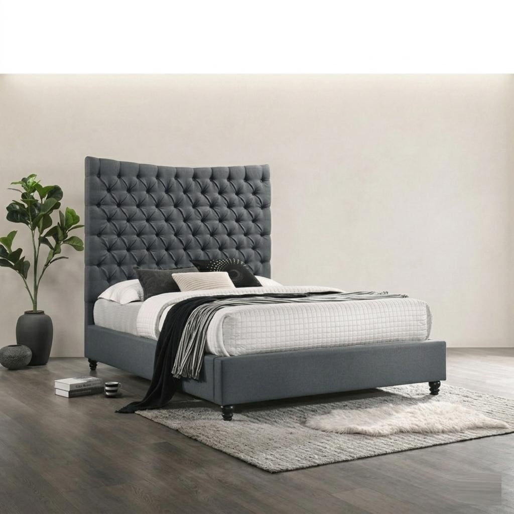 Modern Tufted California King Platform Bed Frame Wood Upholstered Bed Dark Gray