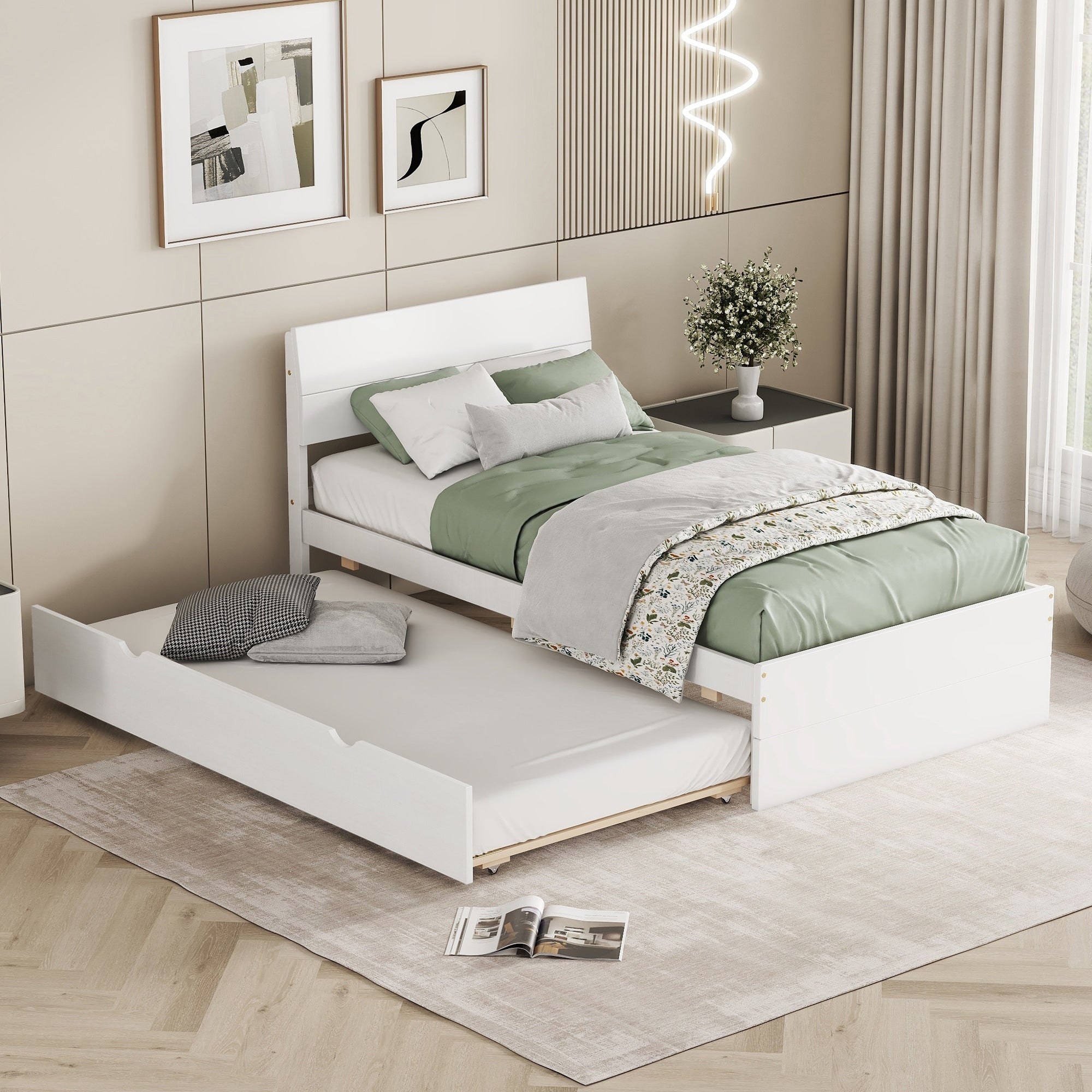 Modern Twin Bed Frame With Trundle For White High Gloss Headboard And Footboard