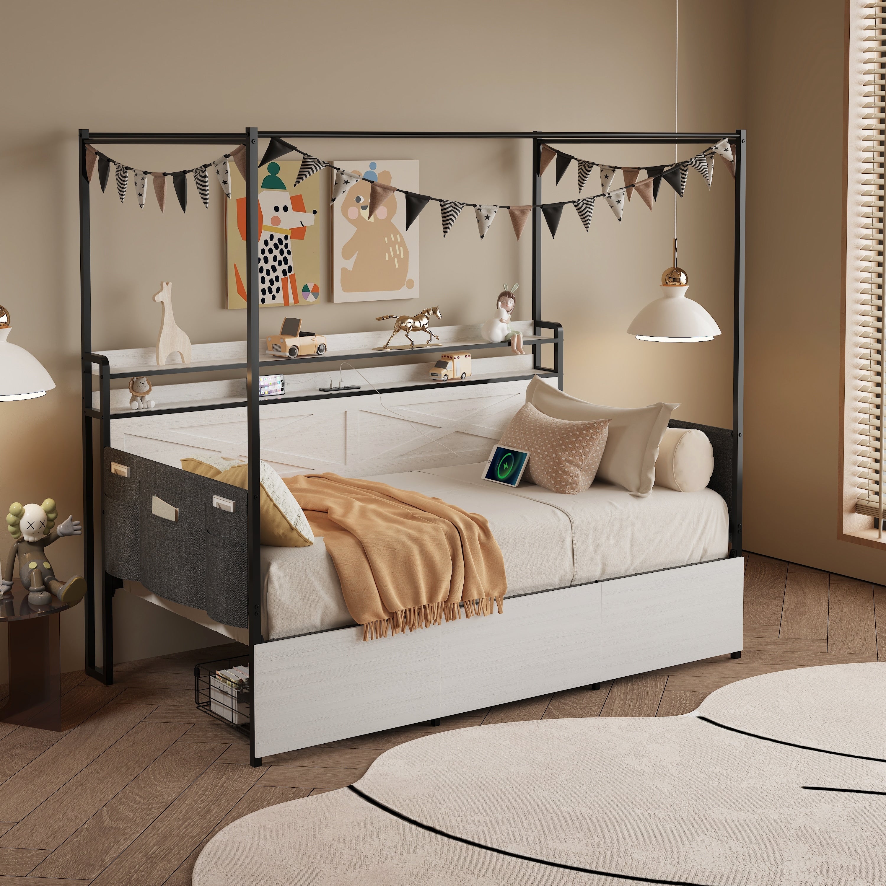 Modern Twin Size Bed With 3 Under Bed Storage Drawers Led Lights And A Charging Station