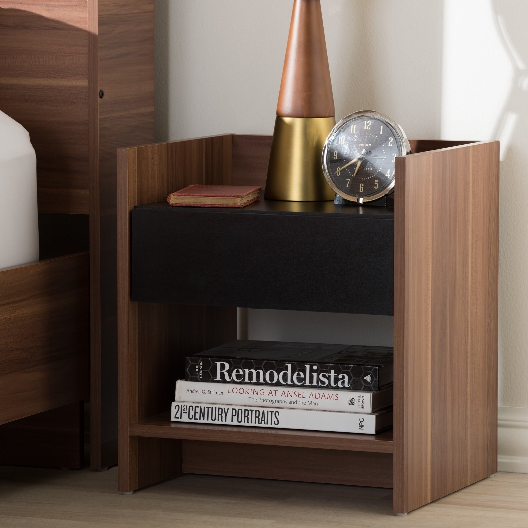 Modern Two Tone Walnut And Black Wood 1 Drawer Nightstand By Baxton Studio