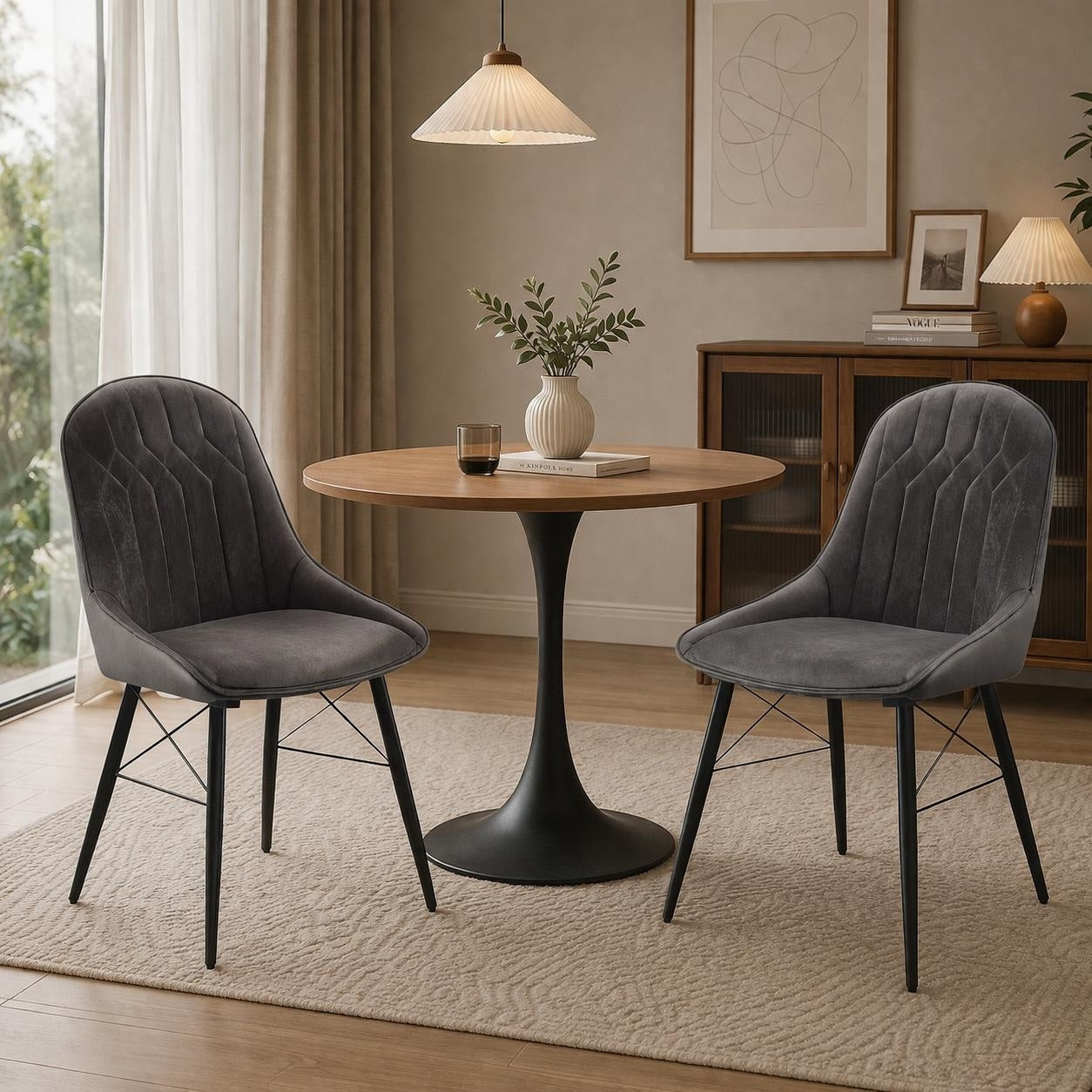 Modern Upholstered Dining Chairs Set Of 2 Channel Tufted Fabric Side Chairs With Metal Splayed Tapered Legs