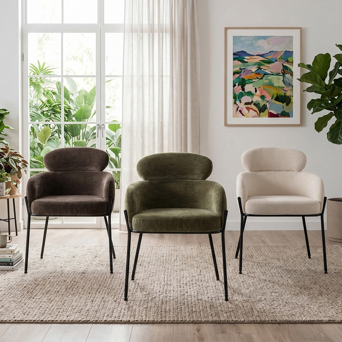 Modern Upholstered Dining Chairs With Curved Back Black Metal Legs Set Of 2